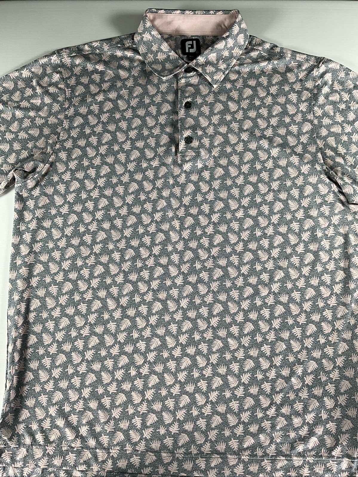 FootJoy Golf Polo Mens XL Pink Grey Fern Leaf Pattern Stretch Performance Shirt FootJoy Golf Polo Mens XL Pink Grey Fern Leaf Pattern Stretch Performance Shirt