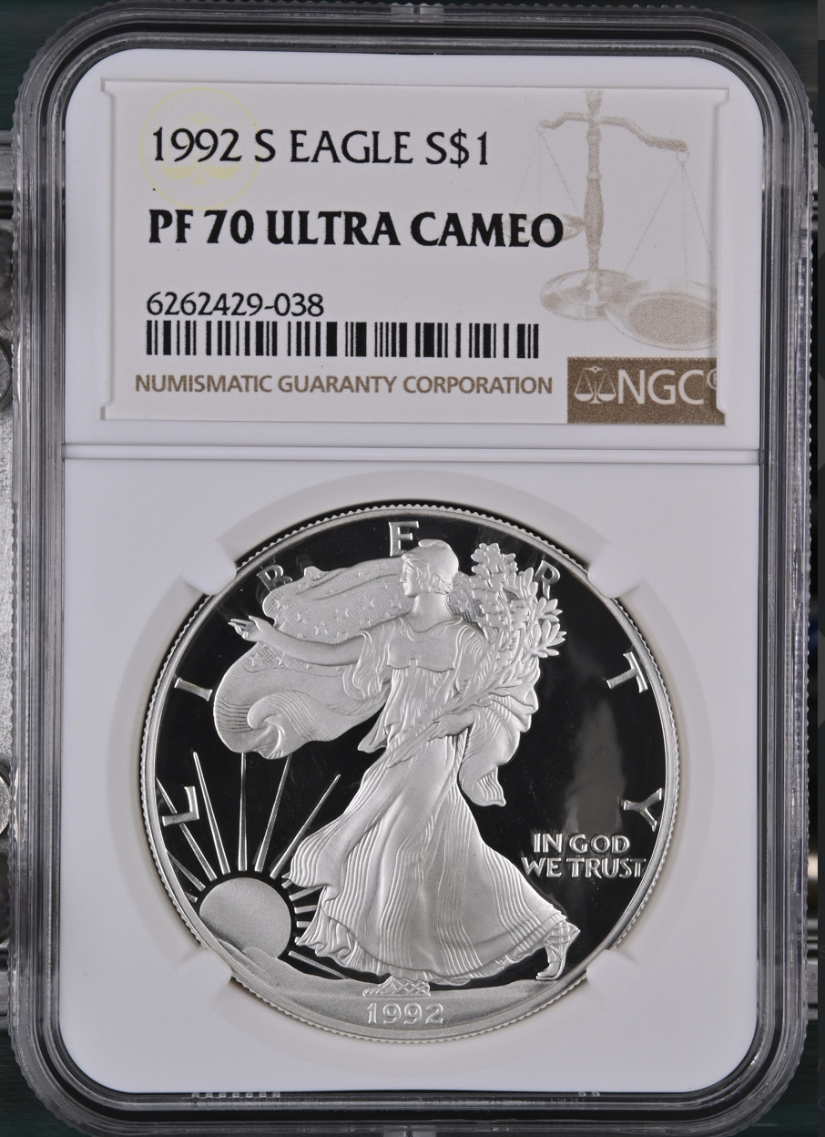 1992-S American Silver Eagle 1 Oz PF70 UCAM NGC Brown Label