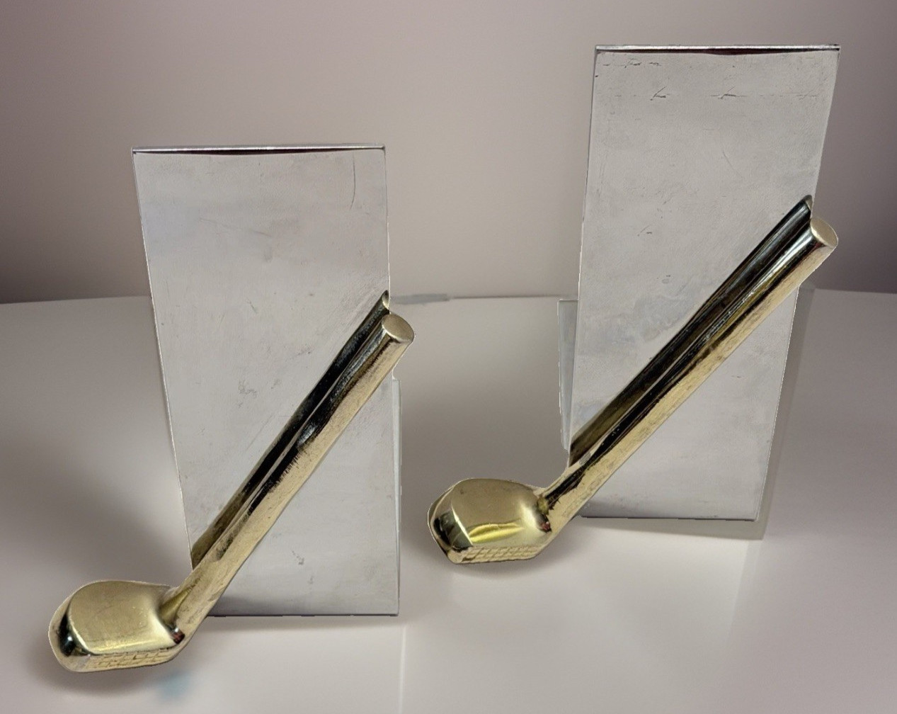 VTG MCM Chrome Golf Club Bookends Office Decor Silver Gold Metal Pair Retro Mod