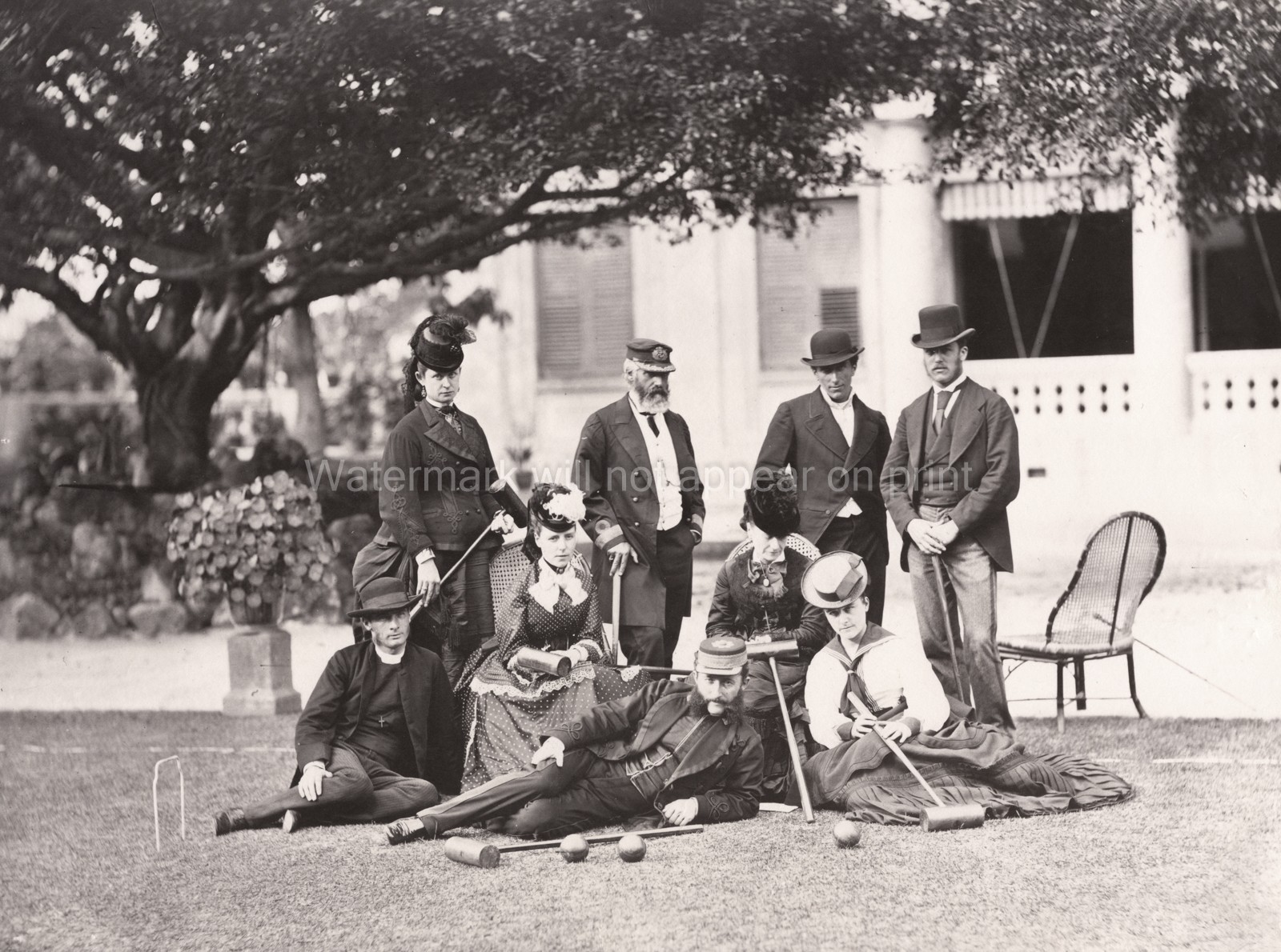 Hong Kong Europeans Playing Croquet Victorian Fashion Garden Vtg. Photo 19thC.