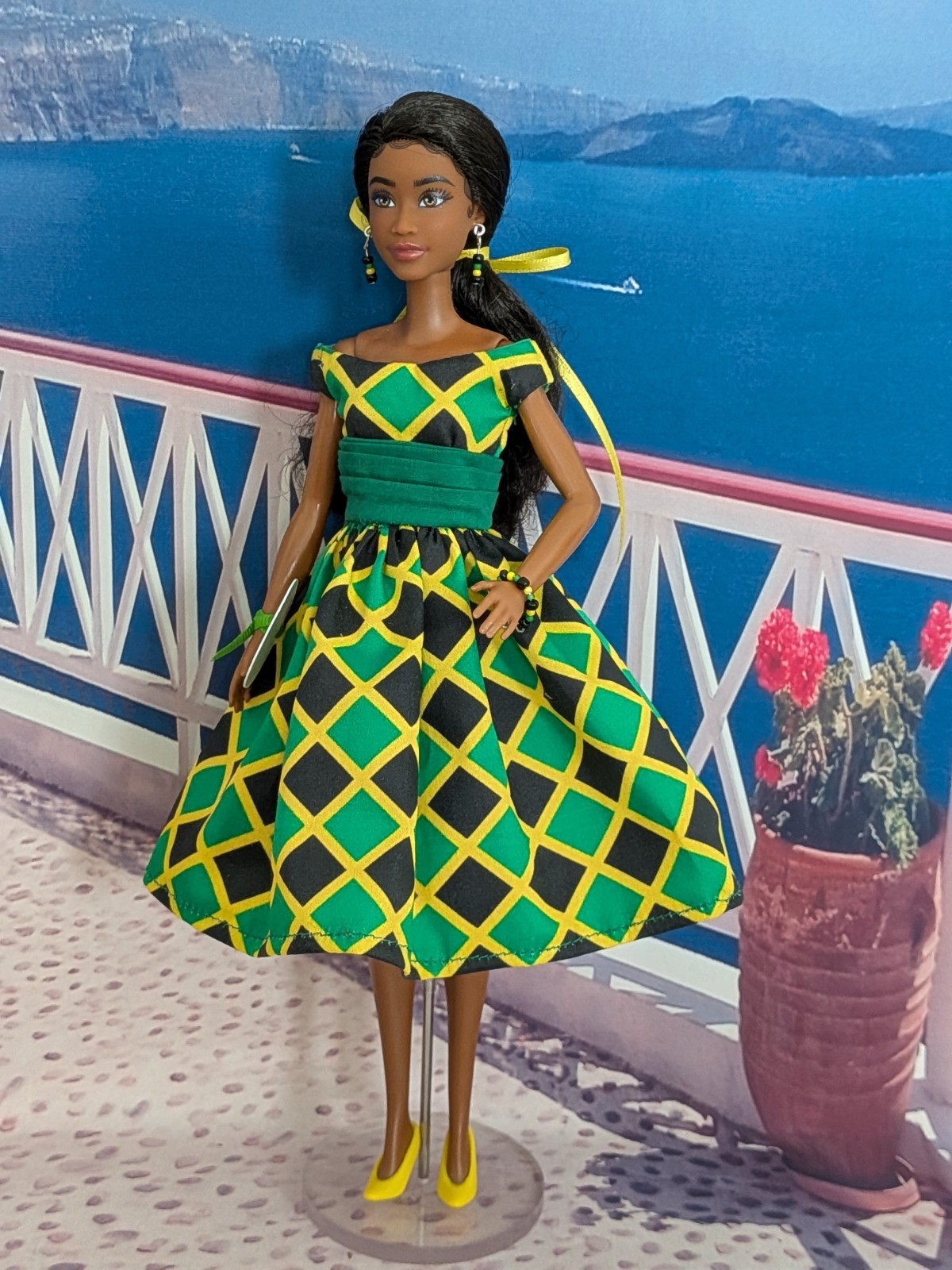 NEW OOAK REDRESSED BARBIE DOLL in JAMAICAN FLAG DRESS