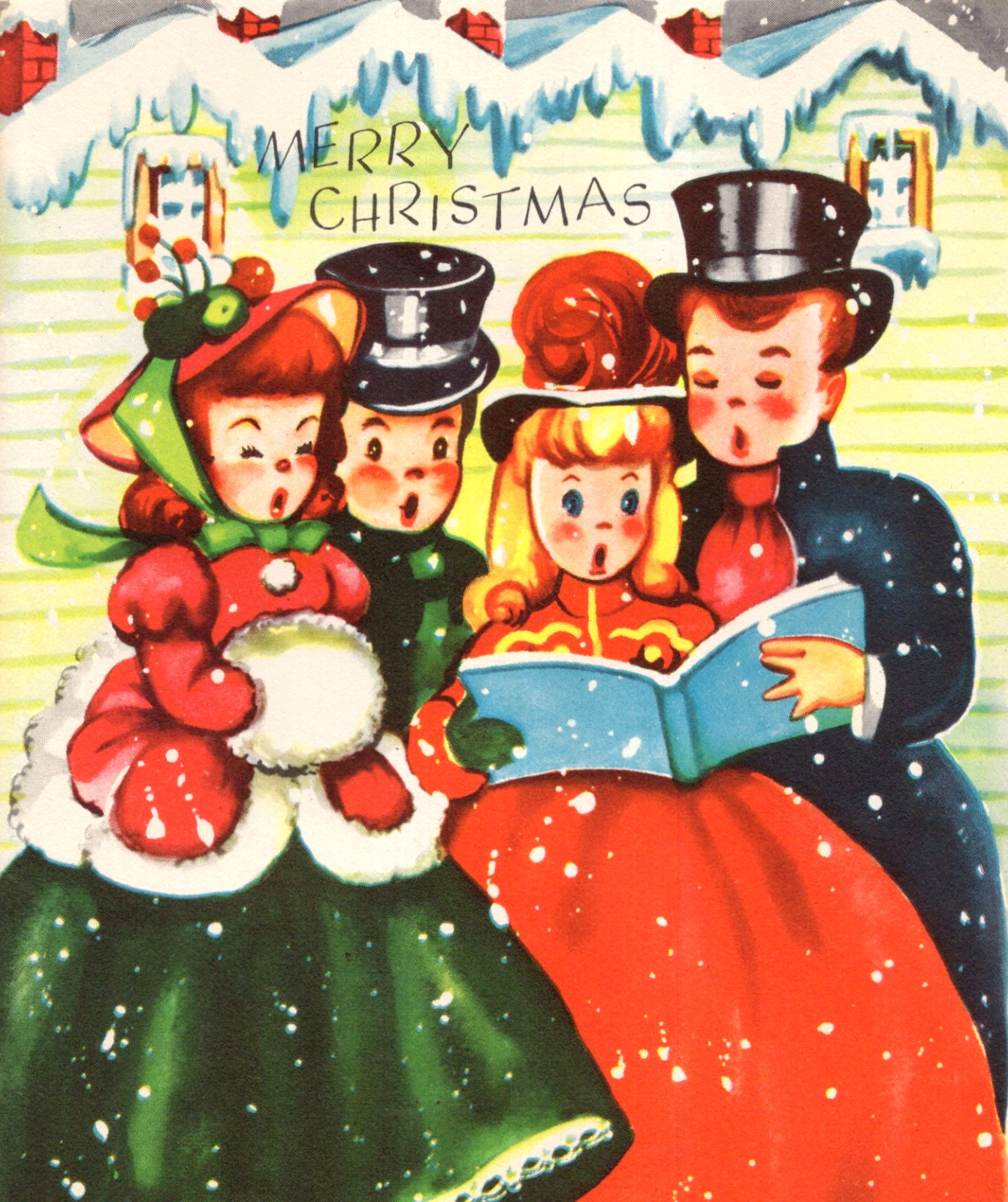 Vintage Christmas Card, RETRO CHRISTMAS CAROLERS ,UNUSED