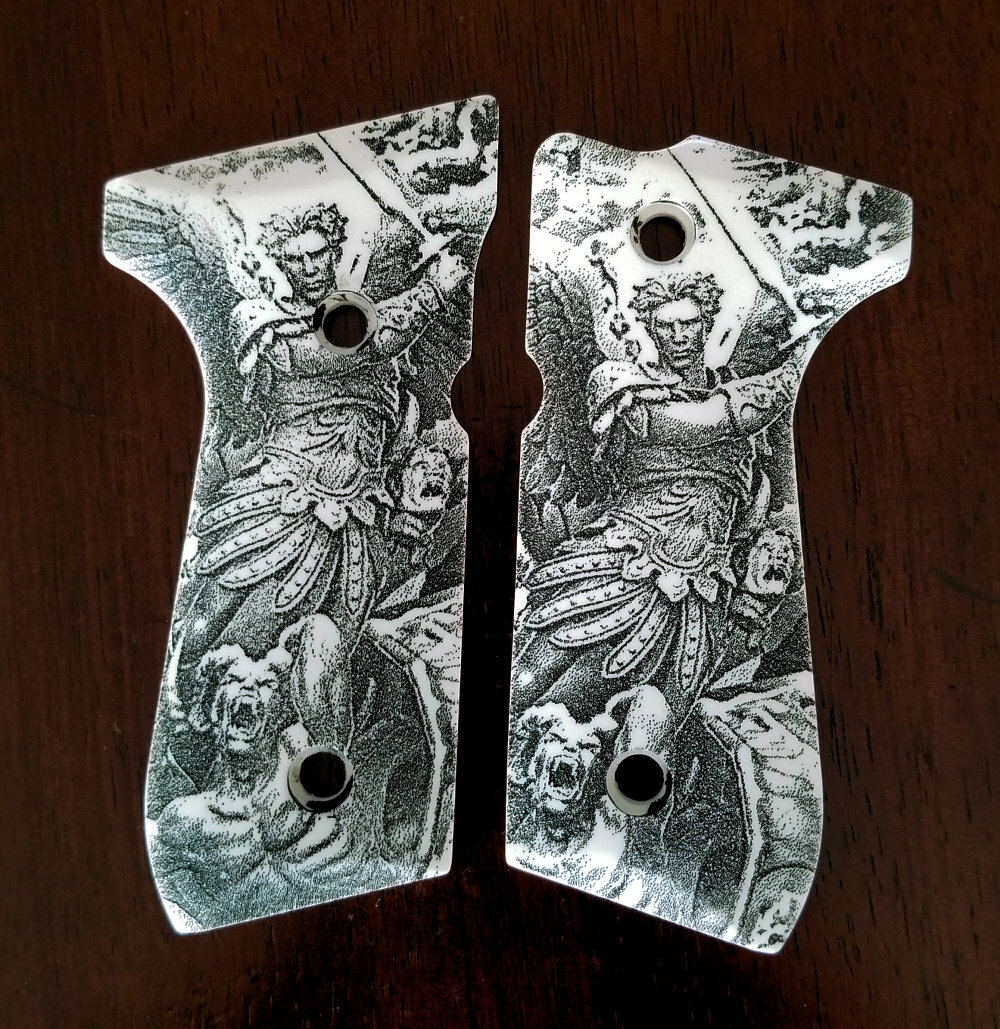 Beretta 92 92FS 96 custom engraved ivory scrimshaw grips Archangel Michael