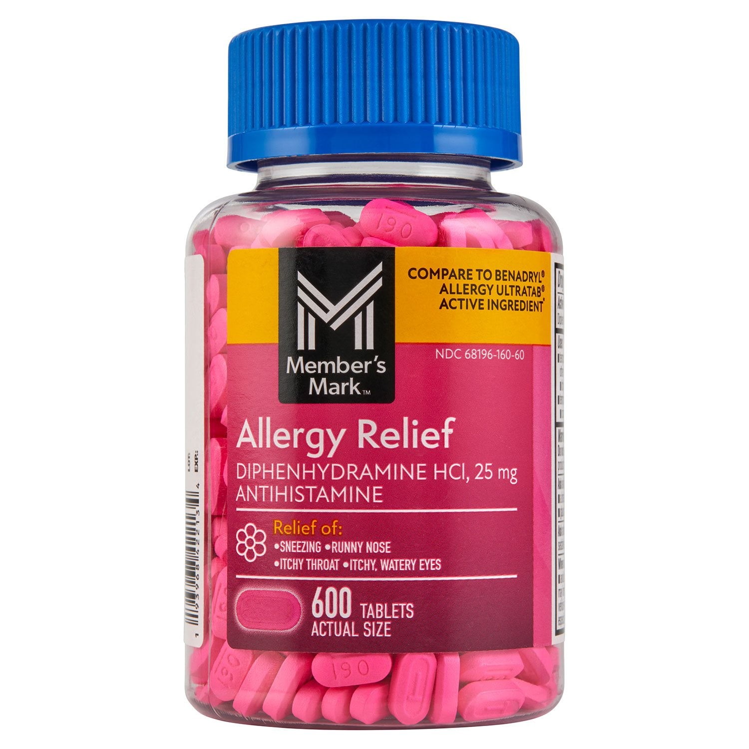 Member’s Mark Allergy Medication 600 Tabs 25mg ~ Compare 2 Benadryl -Expire 2028