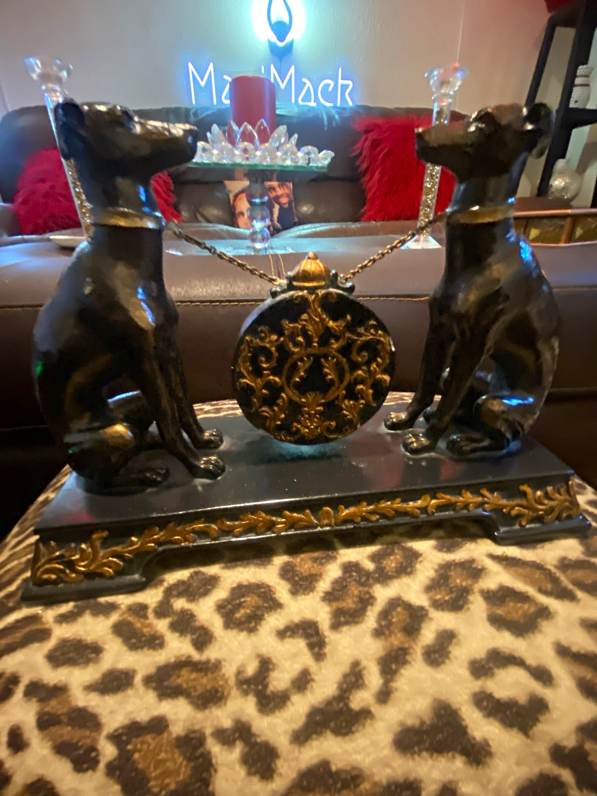 Vintage cast metal French Greyhound figural clock set