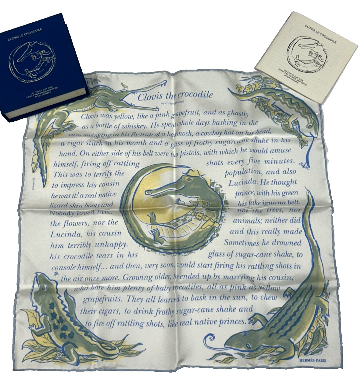 Auth Hermes Scarf \'Clovis the Crocodile\' English Ed. Rare Collectors Unused Cond