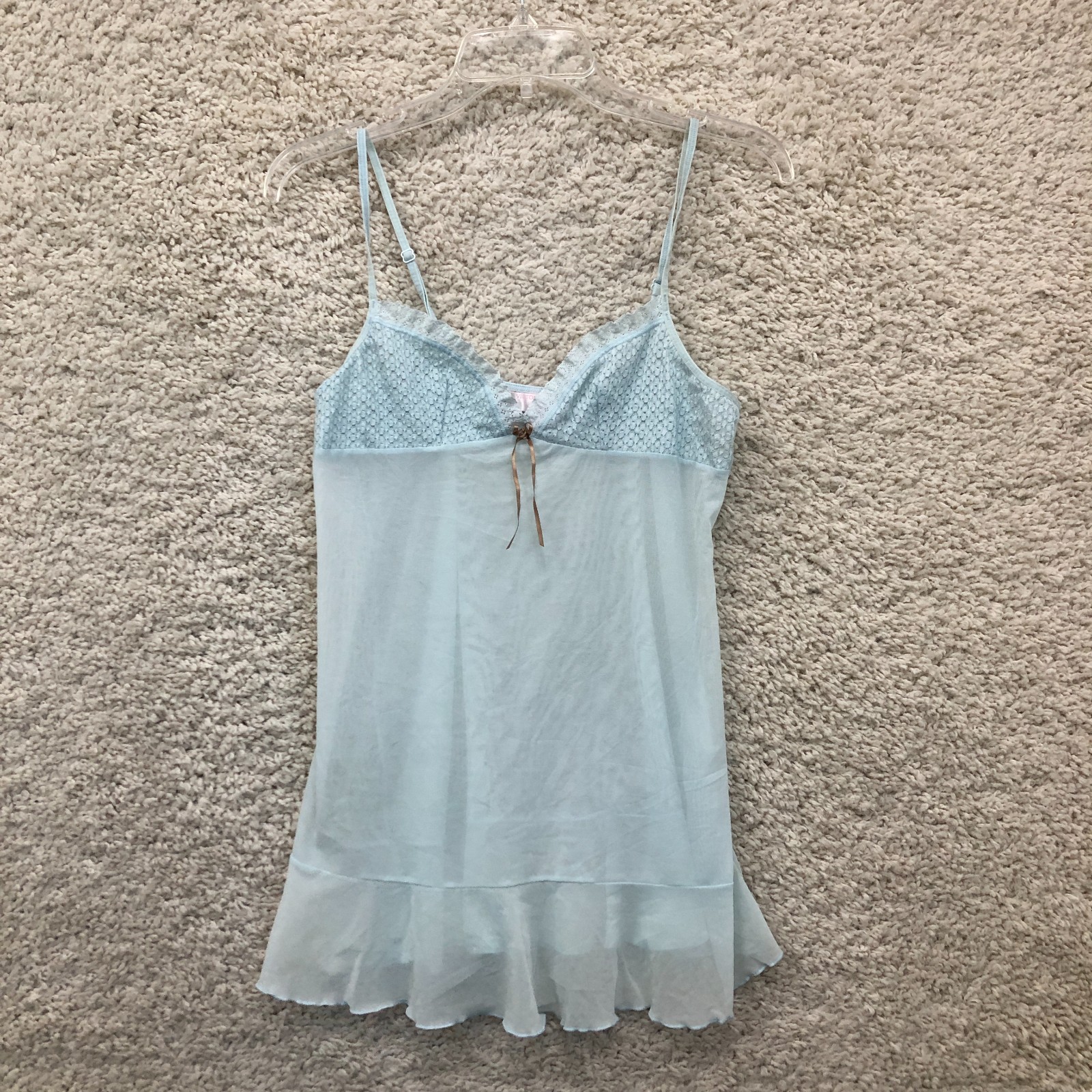 VINTAGE Victorias Secret Top Large Blue Sheer Lace Babydoll Lingerie Cami Womens
