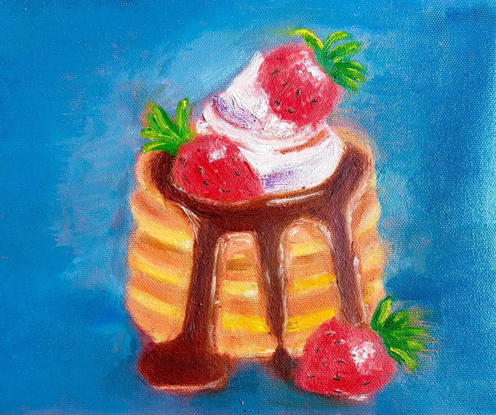 Pancakes & Strawberries Original Oil Painting 8x10 Canvas Paper Unframed.