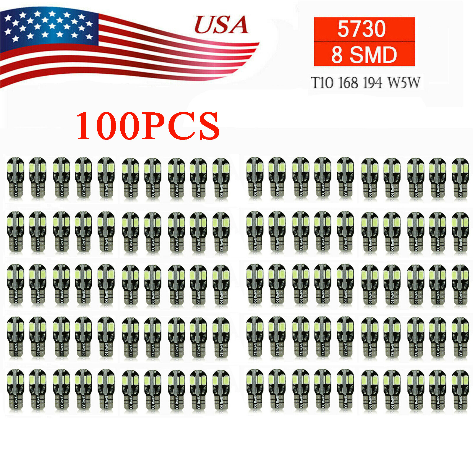 100X Canbus T10 194 168 W5W 5730 8 LED SMD Car Side Wedge Light Lamp Bulb White