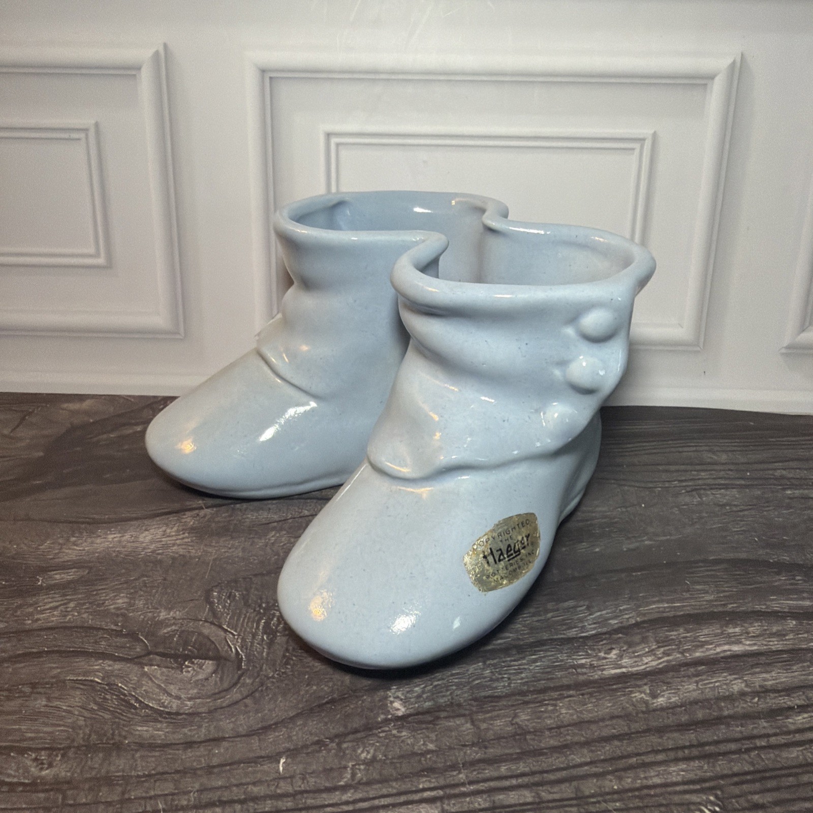 Vintage Haeger Pottery Baby Booties Planter Ceramic Light Blue Nursery USA