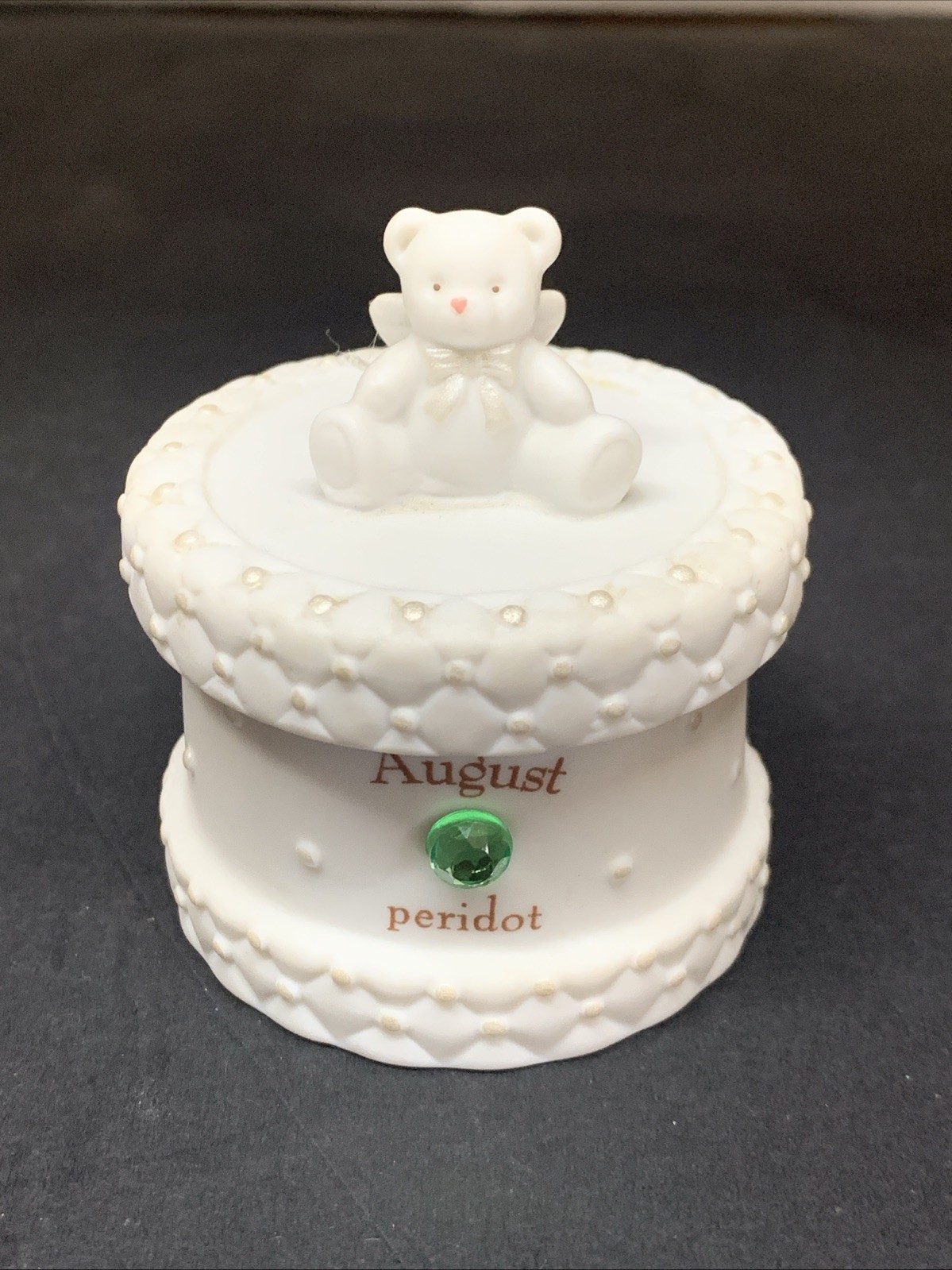 Vtg August Peridot Birthday Bear Tooth Fairy Ring Trinket Box