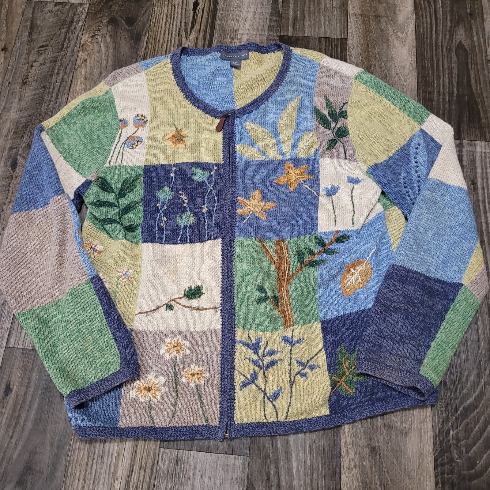 Vintage Northern Isles Knit Sweater Womens Large Blue Tree And Plants Full Zip