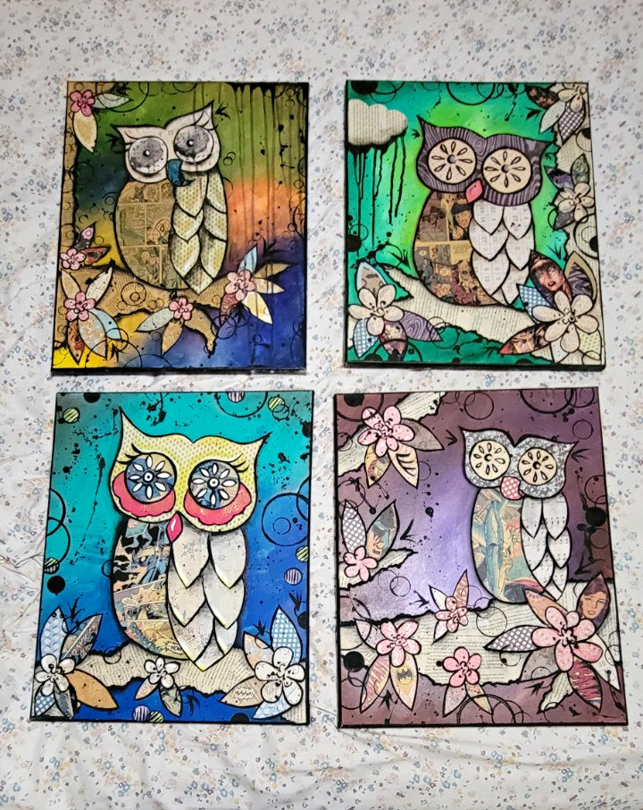 Set of 4 Owl & Flowers Cartoon Prints, Unframed Animal Nature Art