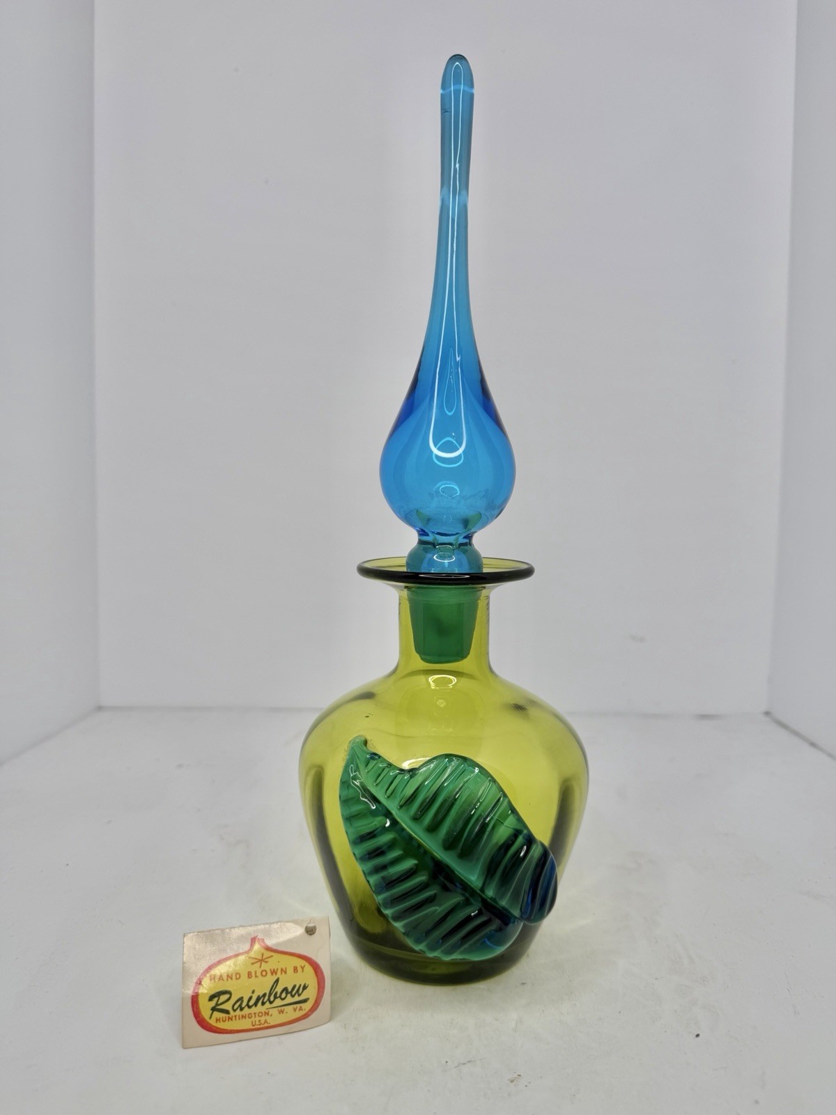 HTF Vintage MCM Rainbow Glass 12.25” Duo Tone Green Blue Decanter W/Stopper