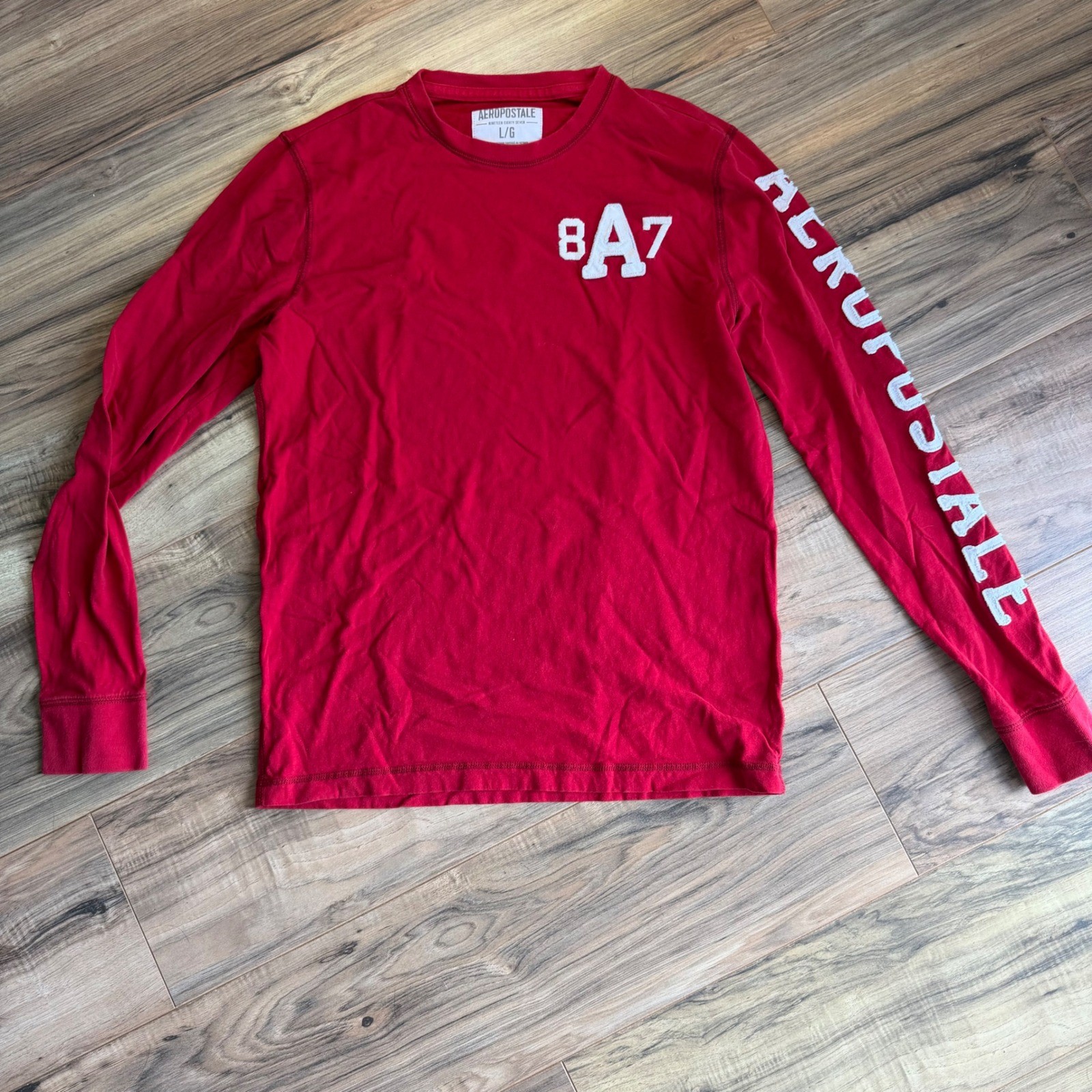 Vintage Aeropostale Mens Red Long Sleeve Graphic T-Shirt 8A7 Spellout Logo Large