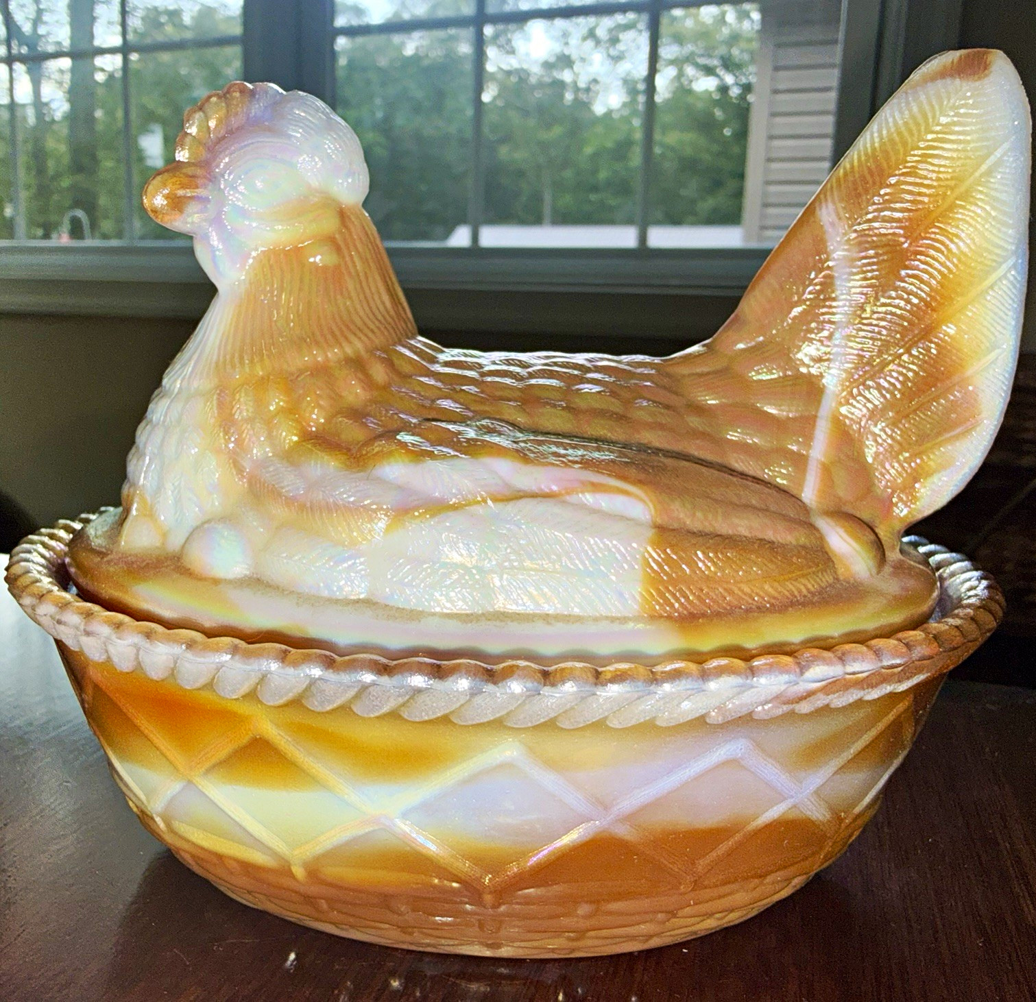 Vintage Westmoreland for Jennings Red Barn Carmel Carnival Slag Hen on Nest
