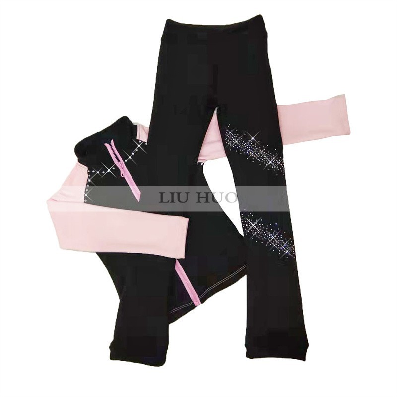LIUHUO New Ice Figure Skating Jacket Pants Women Girl Trousers Top Black Teens