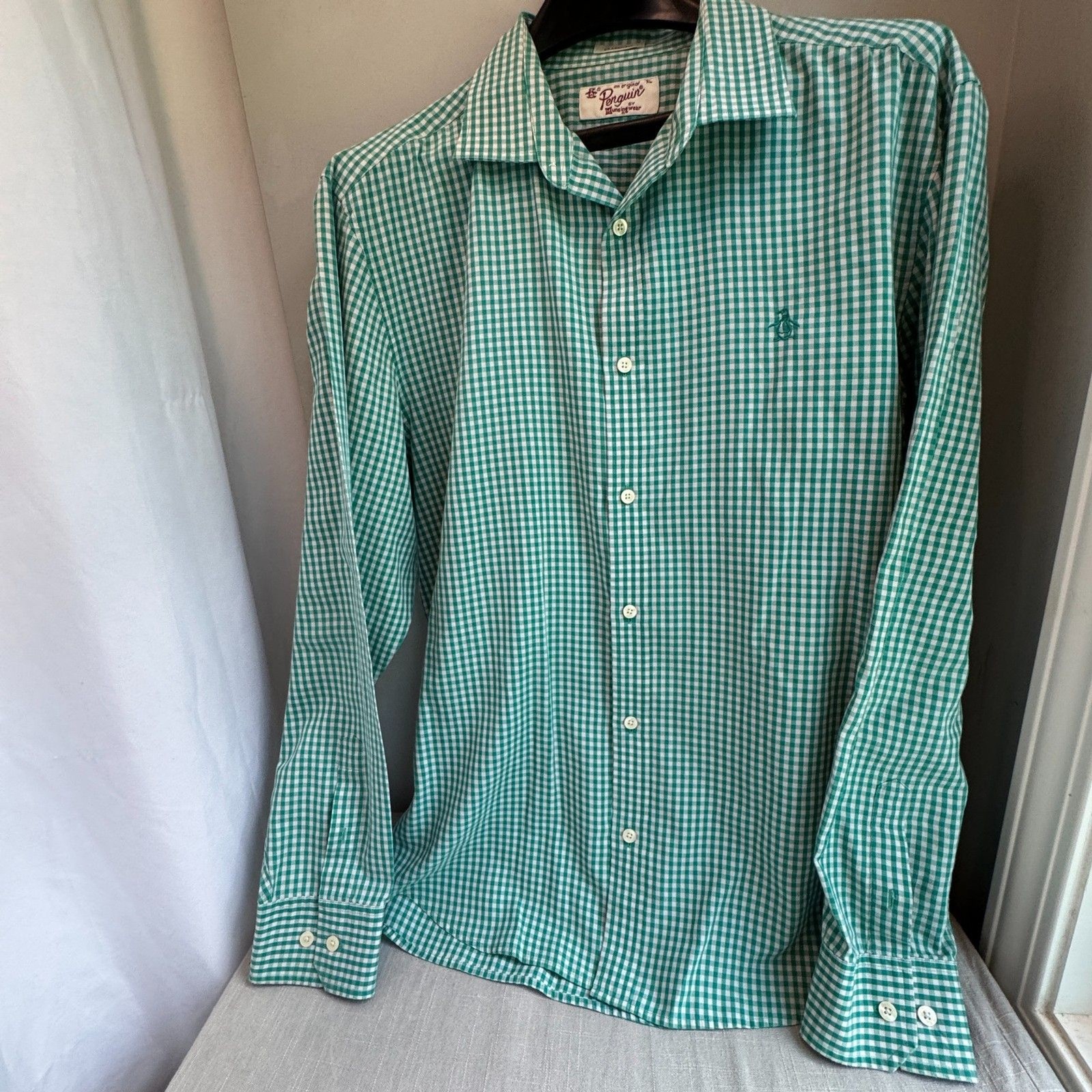 Original Penguin Shirt Men\'s XL Green White Plaid Button Down Cotton Blend