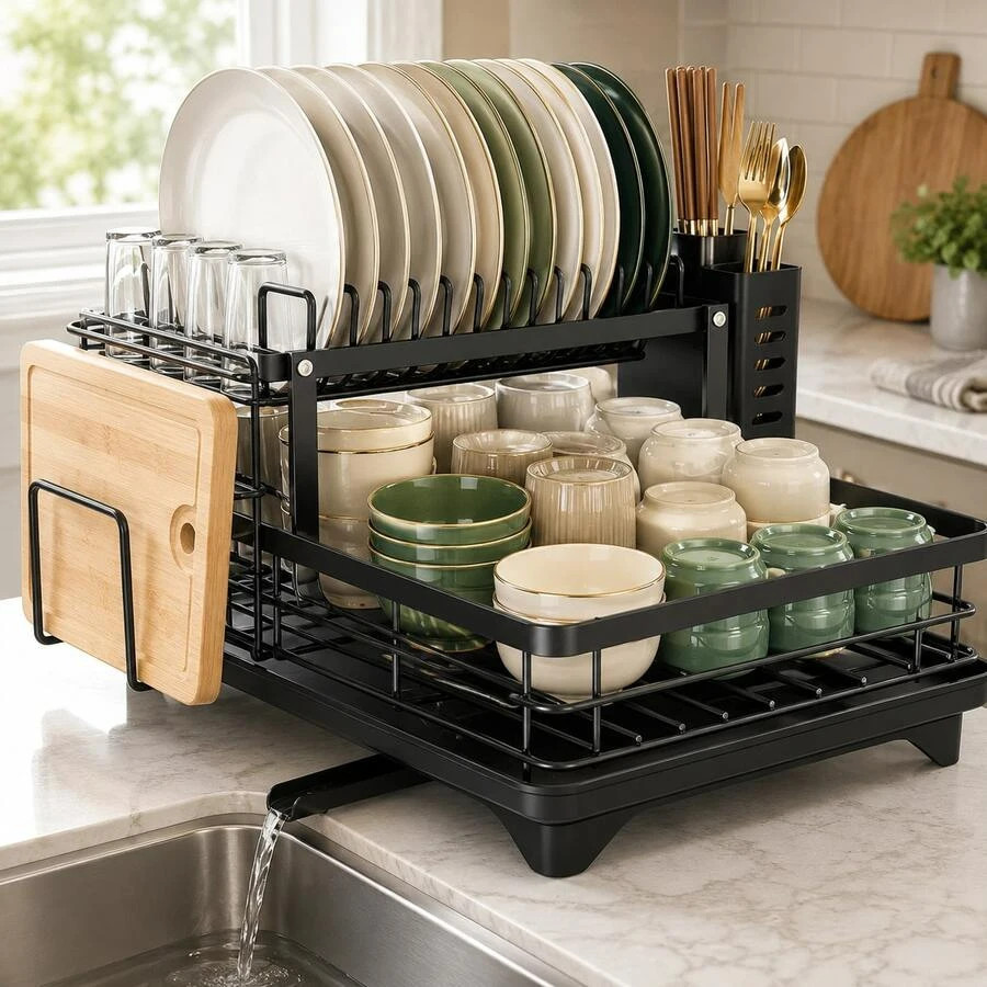 NEW Large Capacity 2-Tier Dish Drying Rack With Auto Drainboard, Kitchen Counter