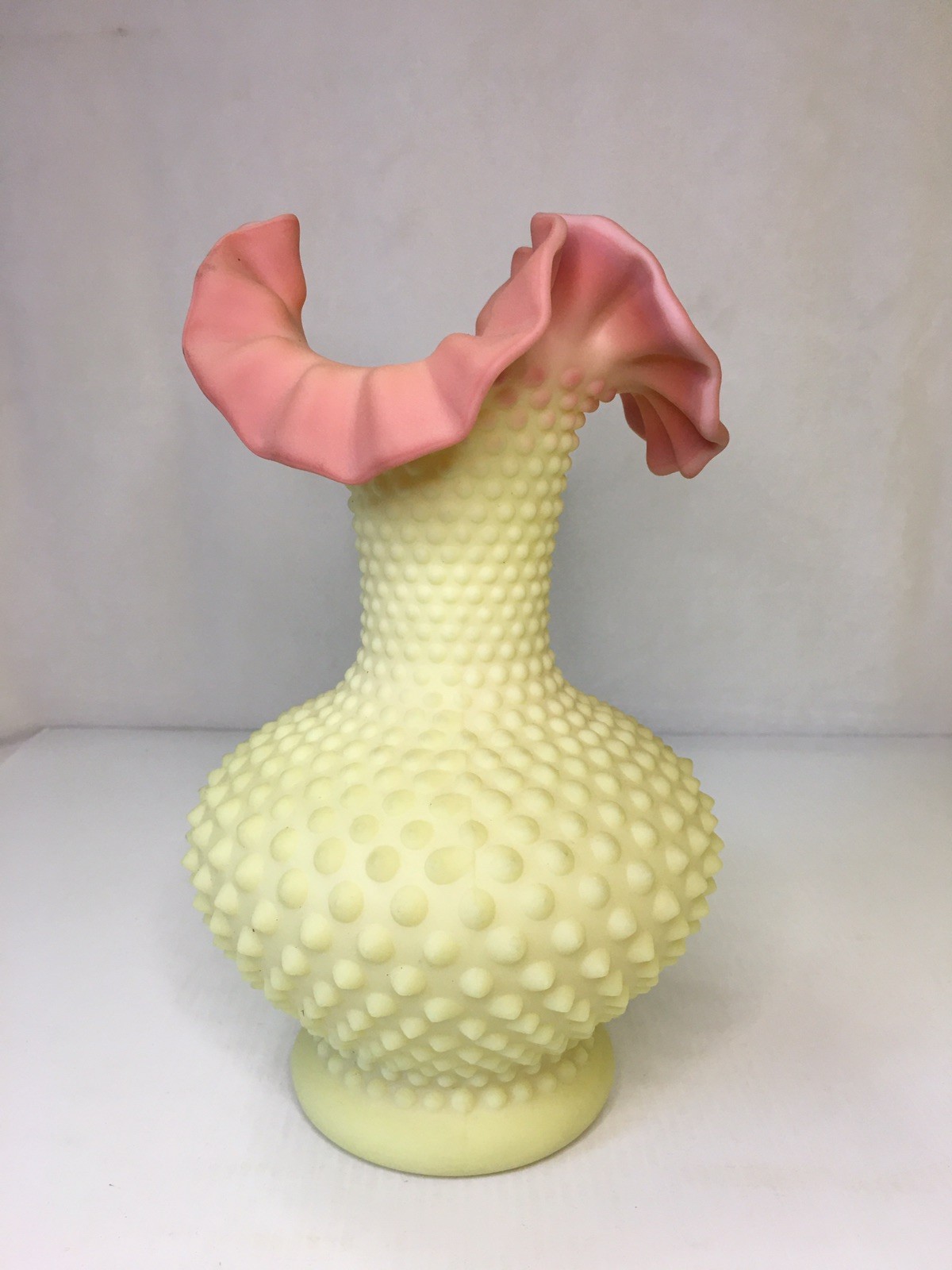 FENTON Burmese Large Hobnail Ruffled 10-3/4” Vase 1950s ~GLOWS~