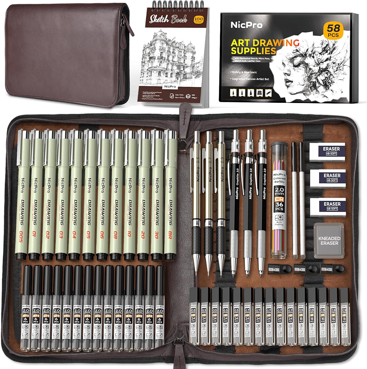 Nicpro 58 PCS Art Drawing Supplies Kit in Leather Case, Art Mechanical Pencil Se Nicpro 58 PCS Art Drawing Supplies Kit in Leather Case, Art Mechanical Pencil Se