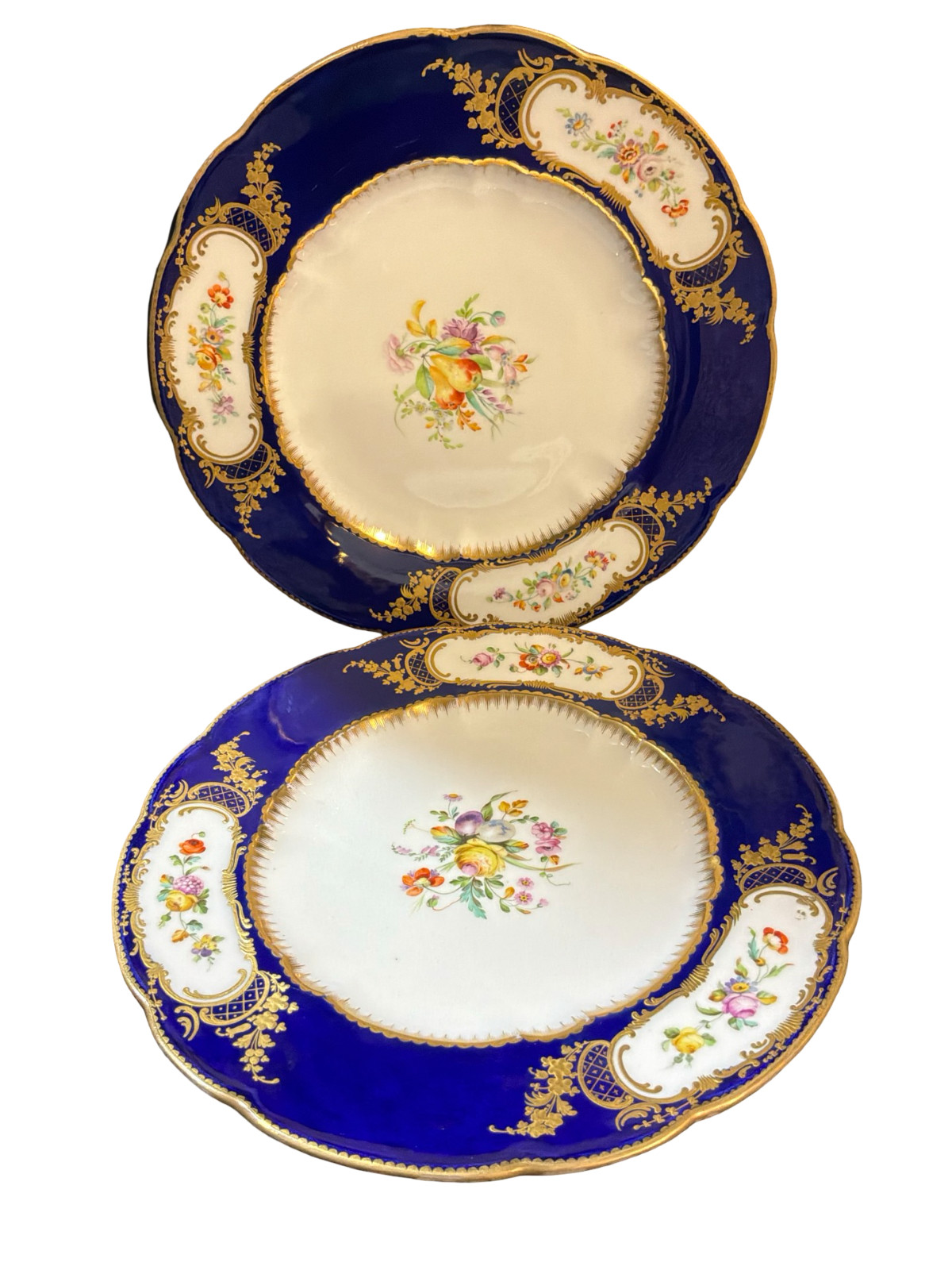 Pair Antique English Porcelain Plates — Cobalt Blue, Hand-Painted Fruit & Flower