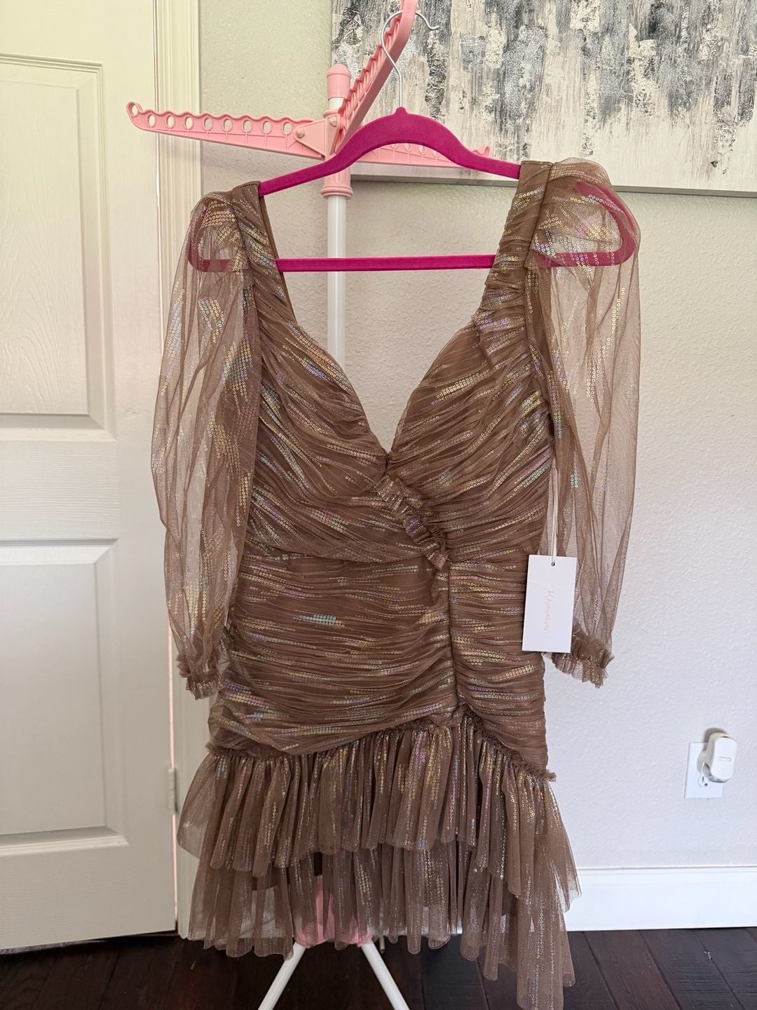 Rosevelvet Mocha Metallic Tulle Ruched Puff Sleeve Mini Dress Rosevelvet Mocha Metallic Tulle Ruched Puff Sleeve Mini Dress