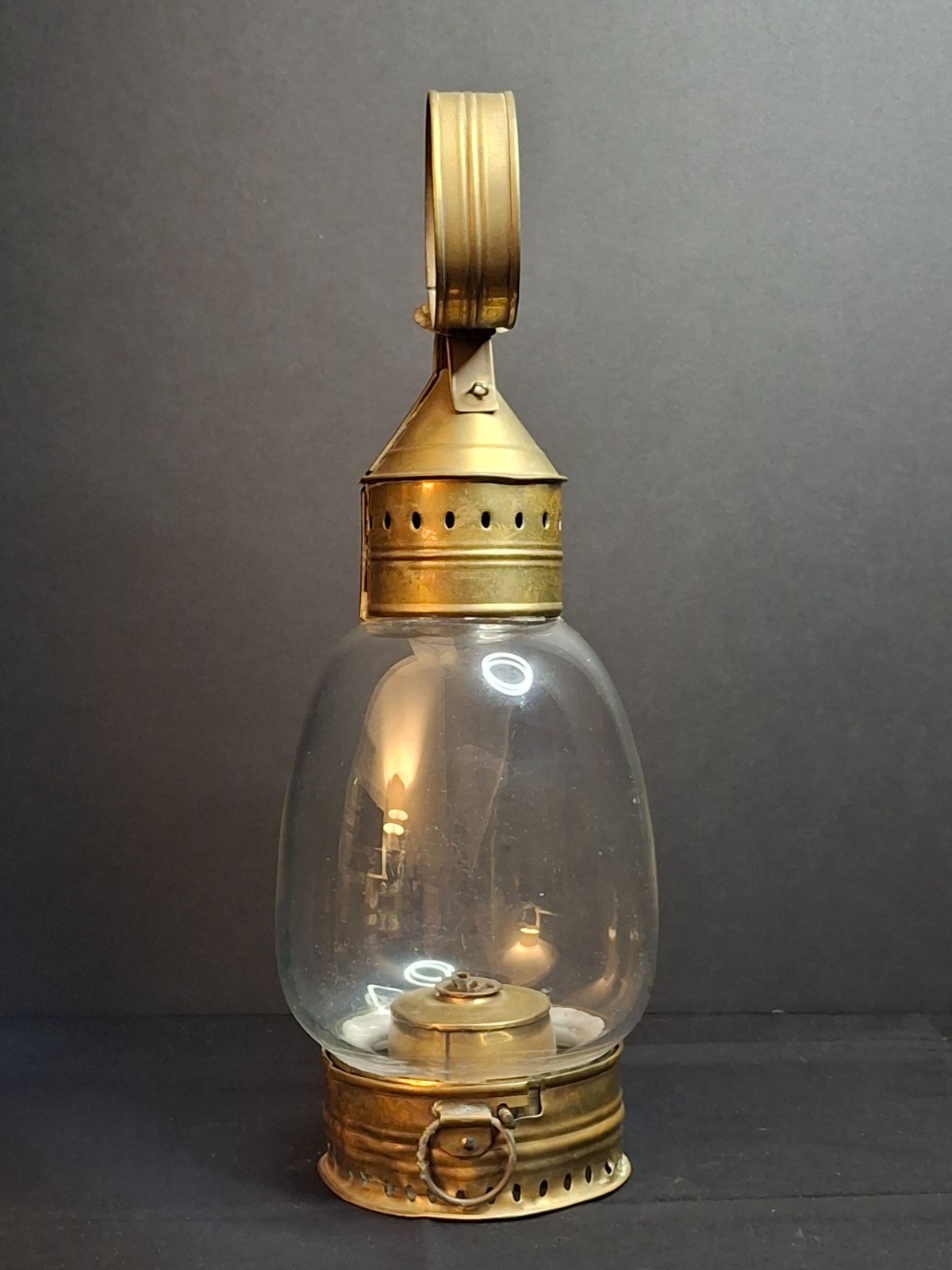 Antique 1840s Heavy Brass Whale Oil Lantern Fixed Globe Pear Shape Glass