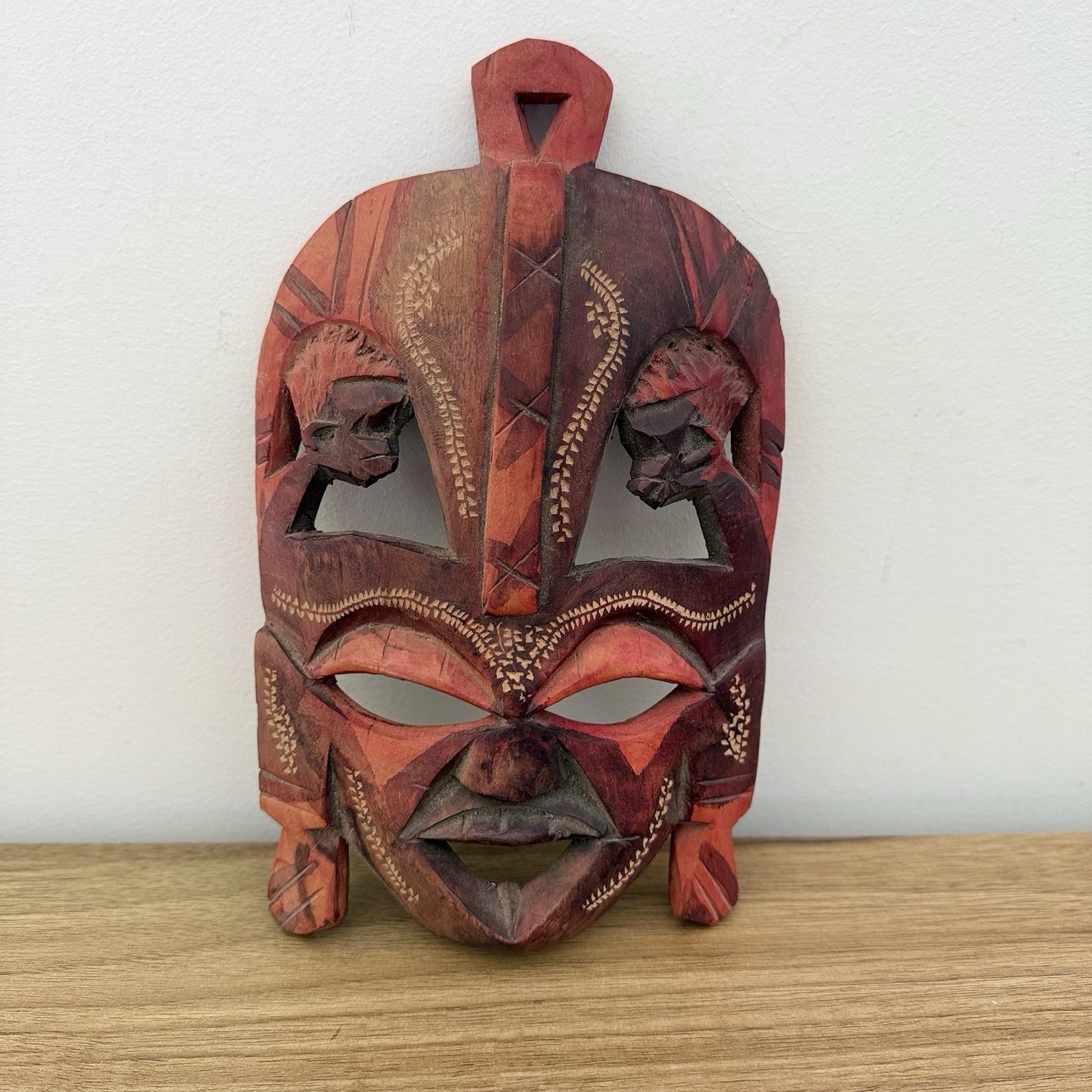 Vintage African Wood Mask Hand Carved Kenyan Tribal Wall Art Mask 2 Figures 22cm