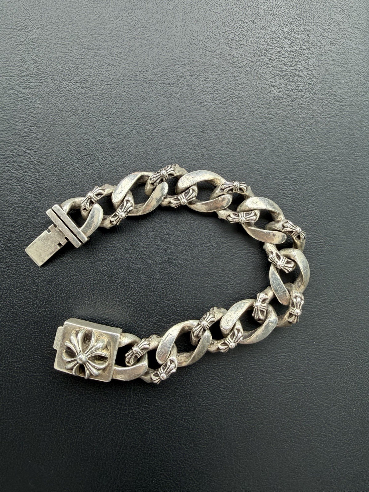 100% Authentic Chrome Hearts Sterling Silver Cross Fancy Link Bracelet