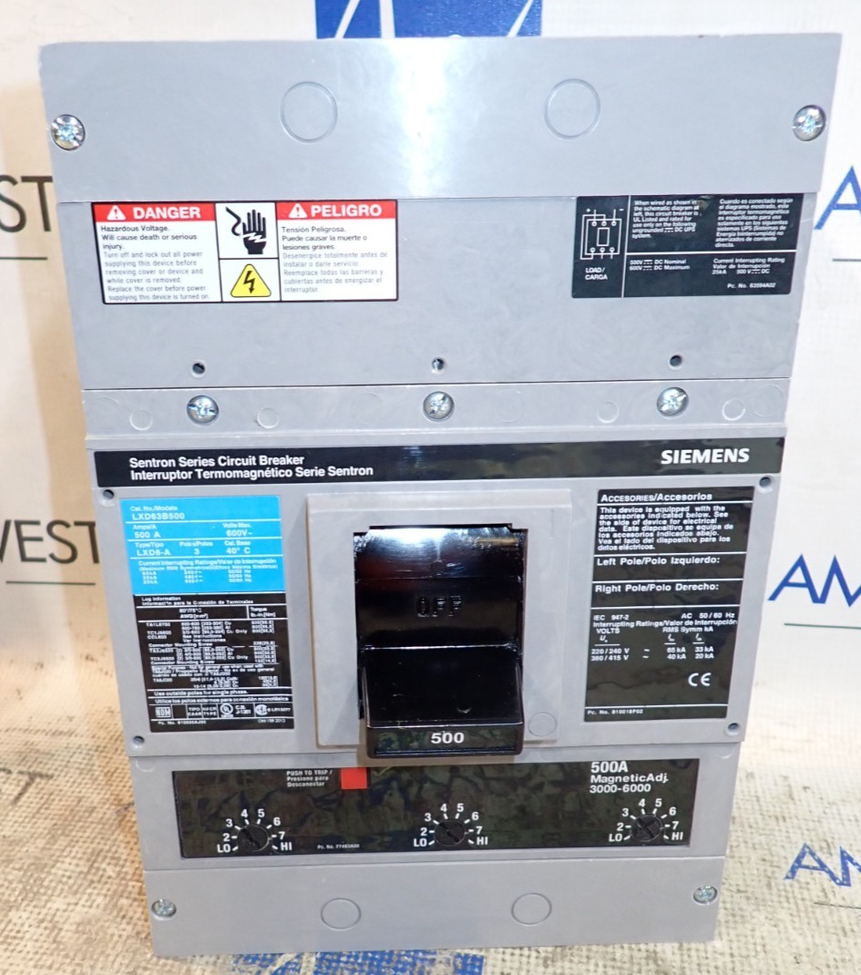 Siemens Sentron Series LXD63B500 500A 35kA @ 480VAC 3 Pole - TESTED