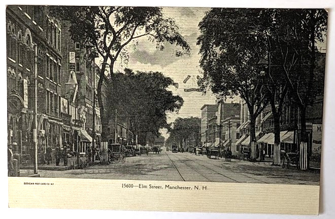 VTG 1905 MANCHESTER NH Postcard BUSY ELM STREET STREET CAR TRACKS HORSES BUGGIES