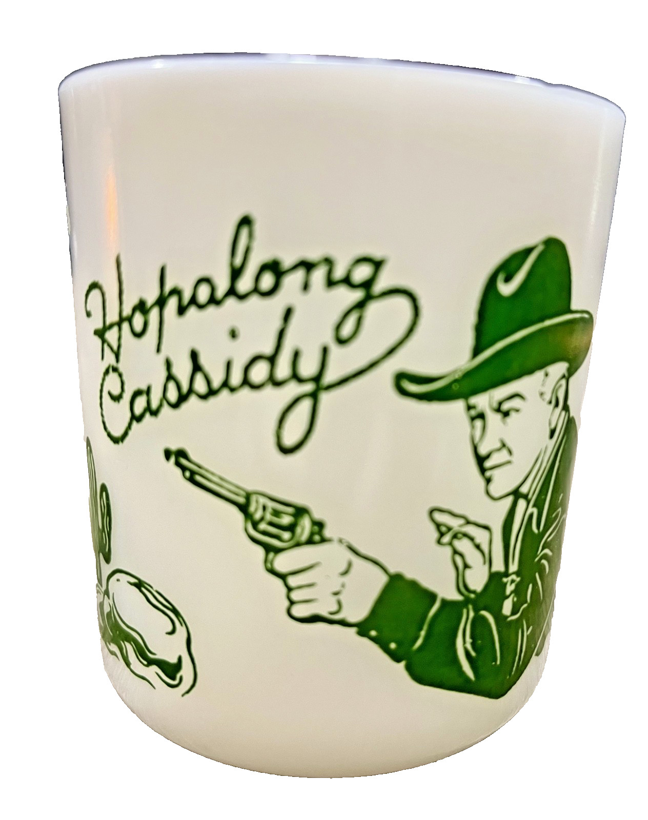 Vintage Hopalong Cassidy Milk Glass Child\'s Mug D Handle Green Illustrations Vintage Hopalong Cassidy Milk Glass Child\'s Mug D Handle Green Illustrations