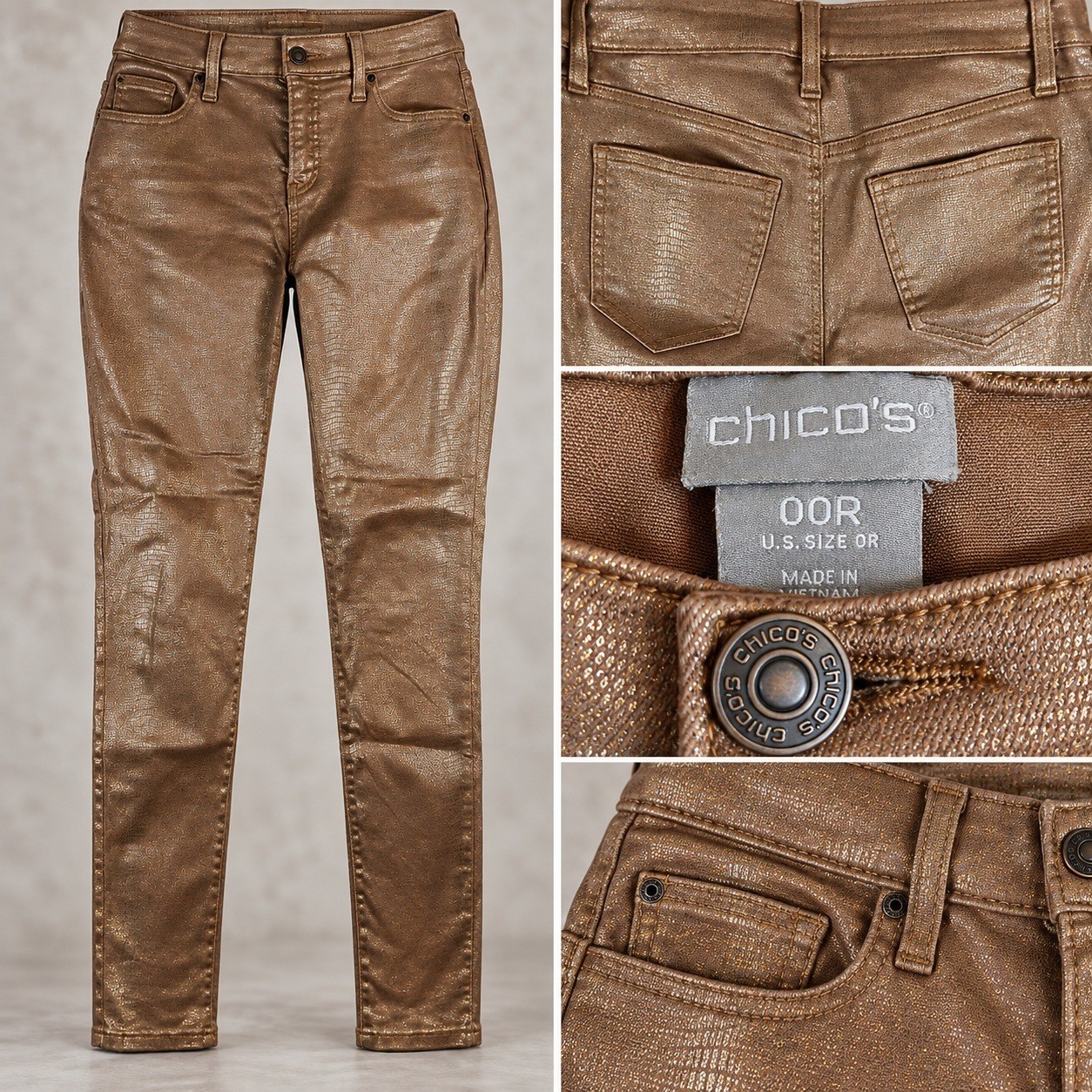 Chico\'s So Slimming Pants Women US 2R Gold Metallic Snakeskin Slim Ankle Stretch