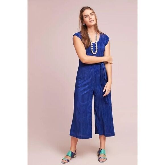 Anthropologie Maeve Sonata Jumpsuit Wide Leg Cropped Pleated Blue Size 4 NWT
