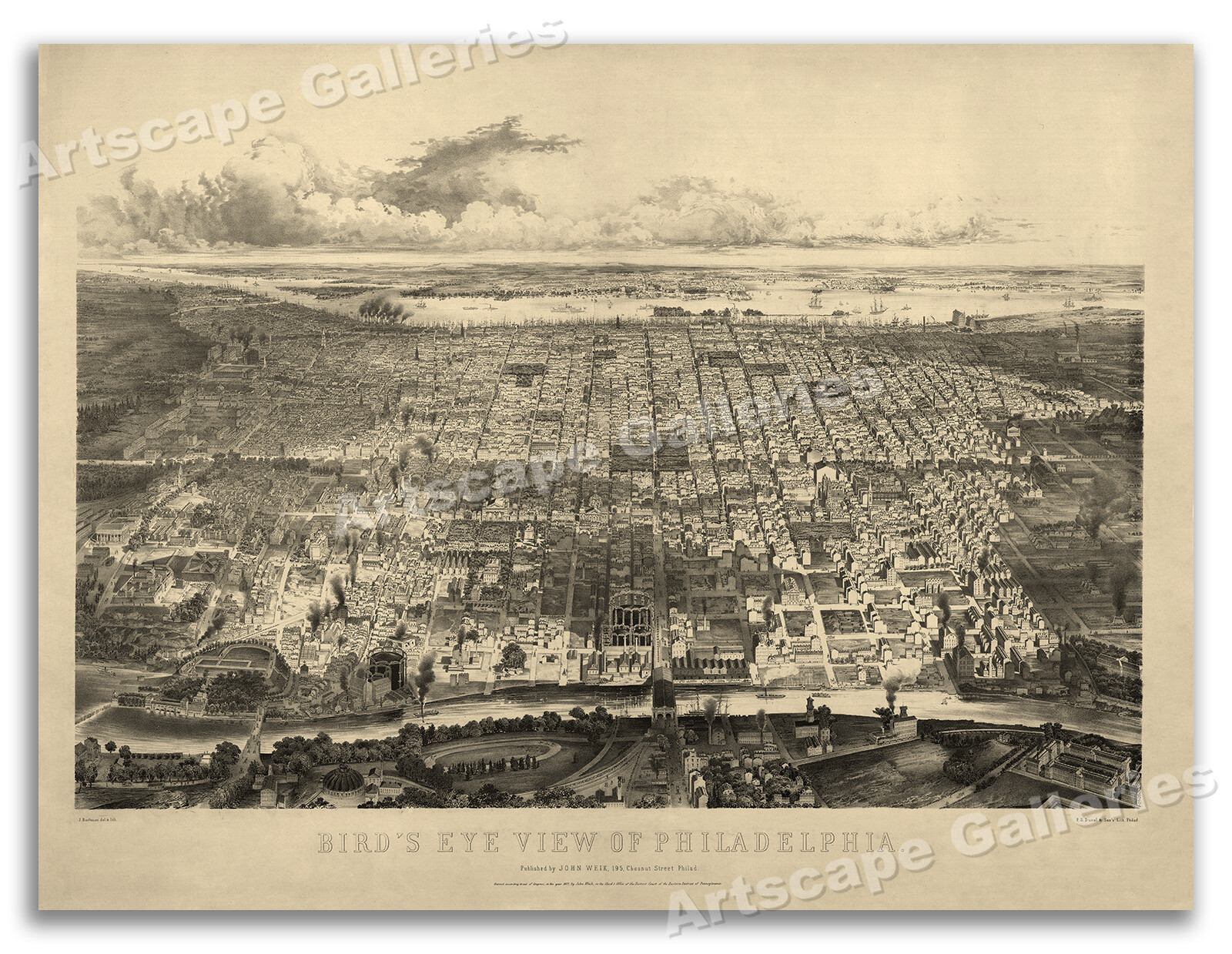 Bird\'s Eye View 1857 Philadelphia Pennsylvania Vintage Style City Map - 18x24