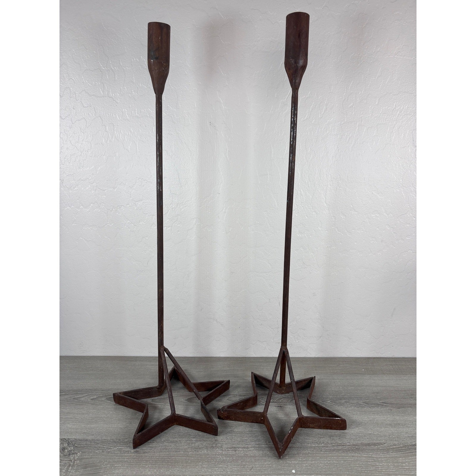 Pair of Vintage Rustic Wrought Iron Star Cattle Brand Base Candle Holders 24 in Pair of Vintage Rustic Wrought Iron Star Cattle Brand Base Candle Holders 24 in