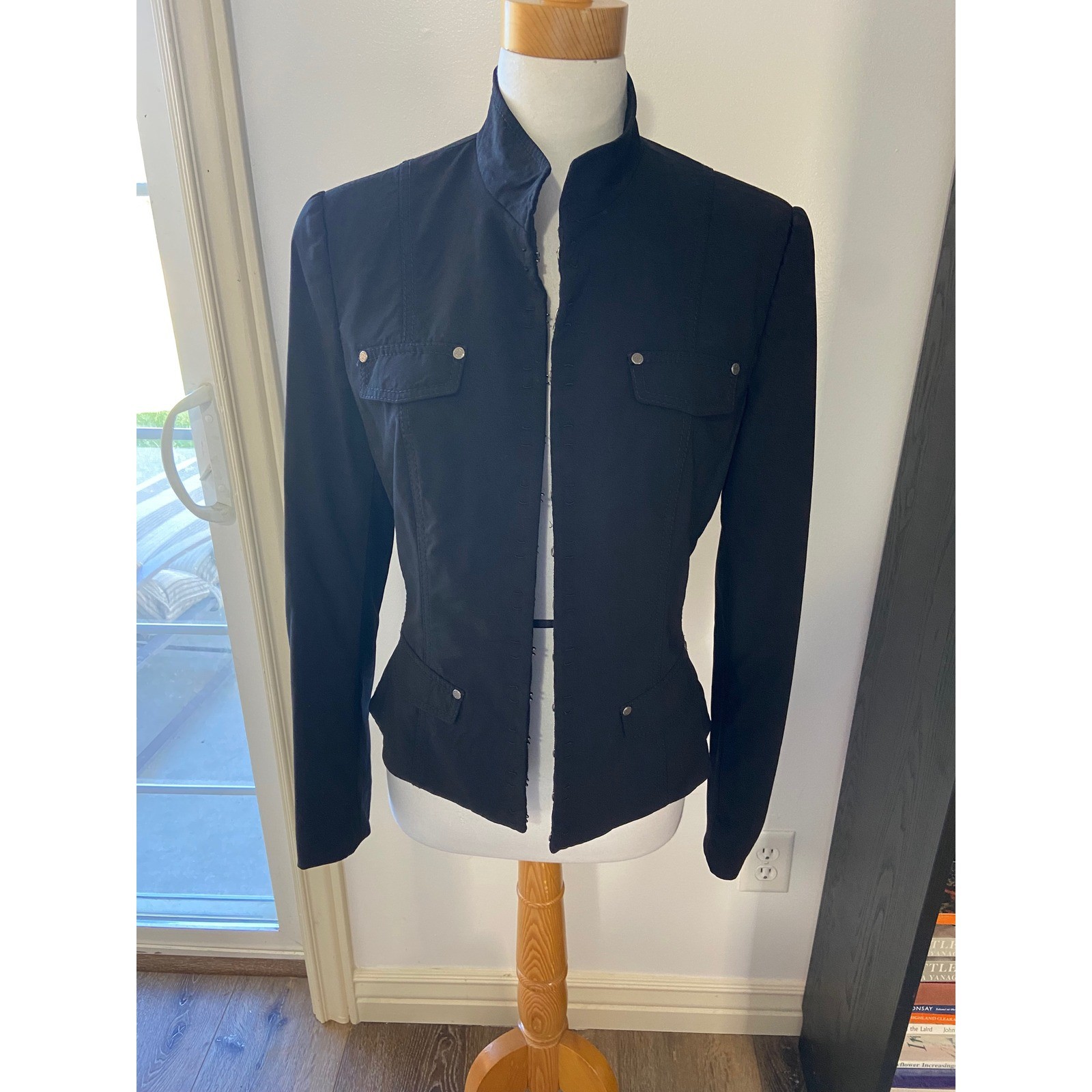 Elie Tahari Black Virgin Wool Military Jacket Hook Eye Closure Size 12 EU8WW10U Elie Tahari Black Virgin Wool Military Jacket Hook Eye Closure Size 12 EU8WW10U