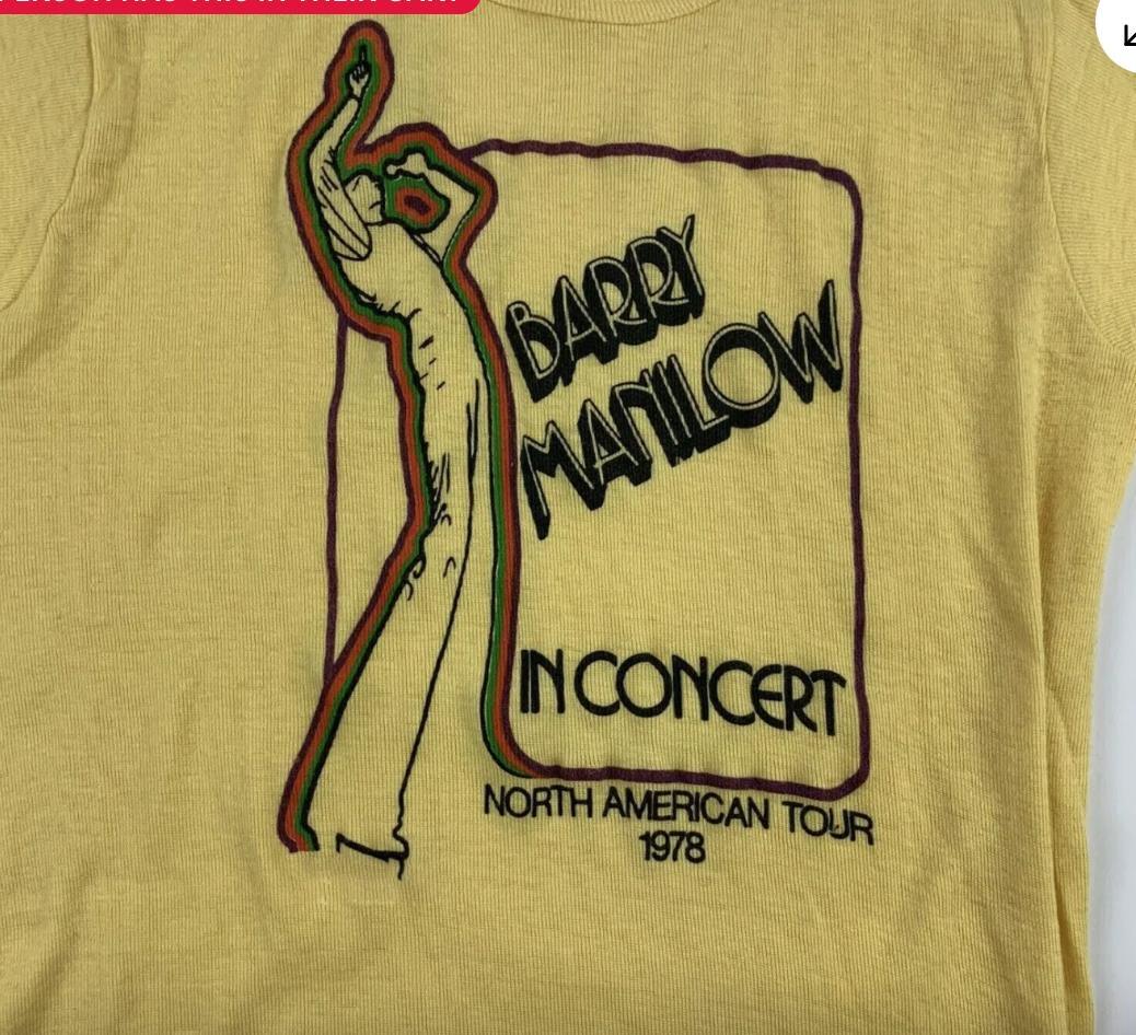 SALE VTG Barry Manilow Shirt Short Sleeve Yellow Tee hot SALE VTG Barry Manilow Shirt Short Sleeve Yellow Tee hot