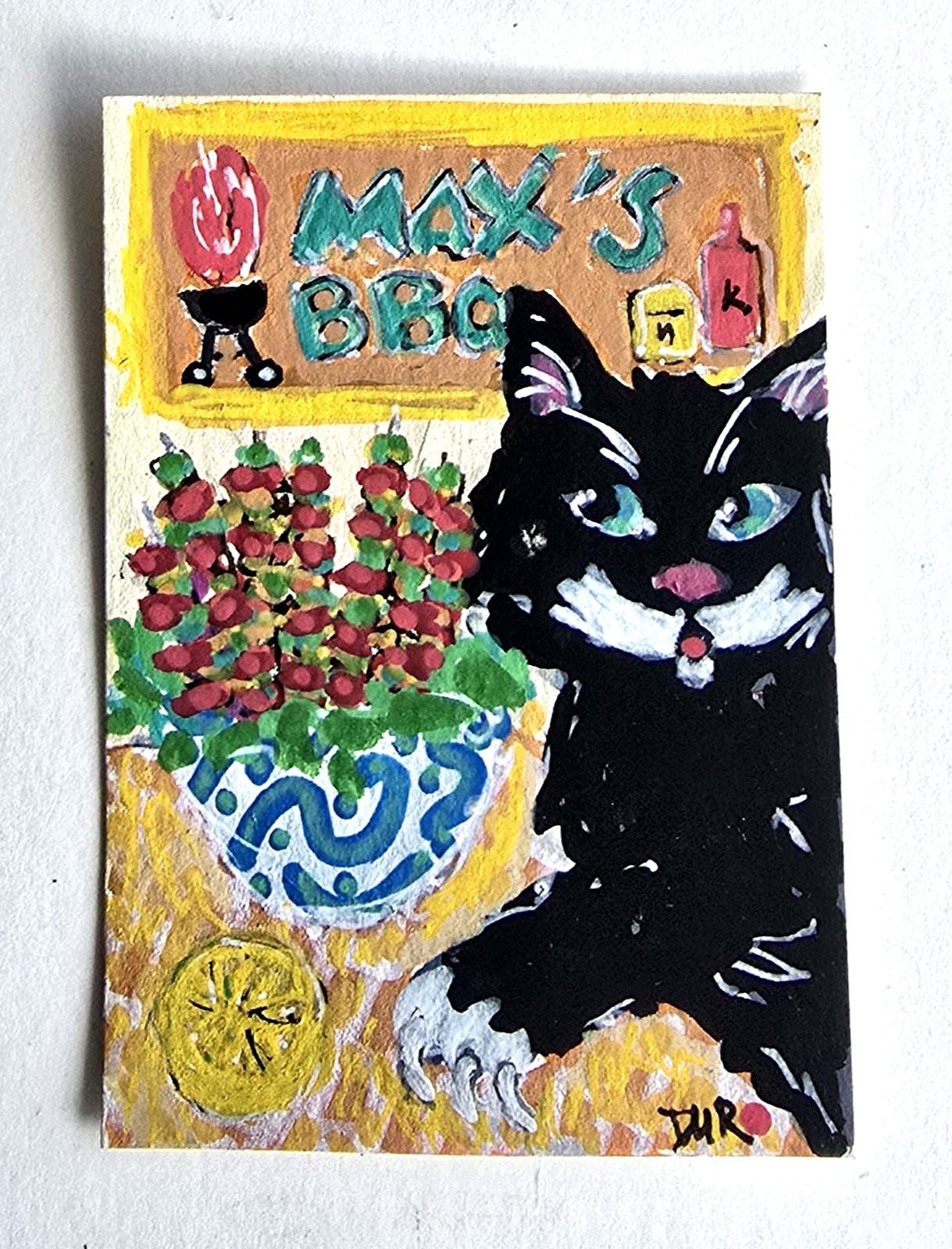 Original ACEO Black Cat Loves shish kabobs Skewers Dulce Maria Rico