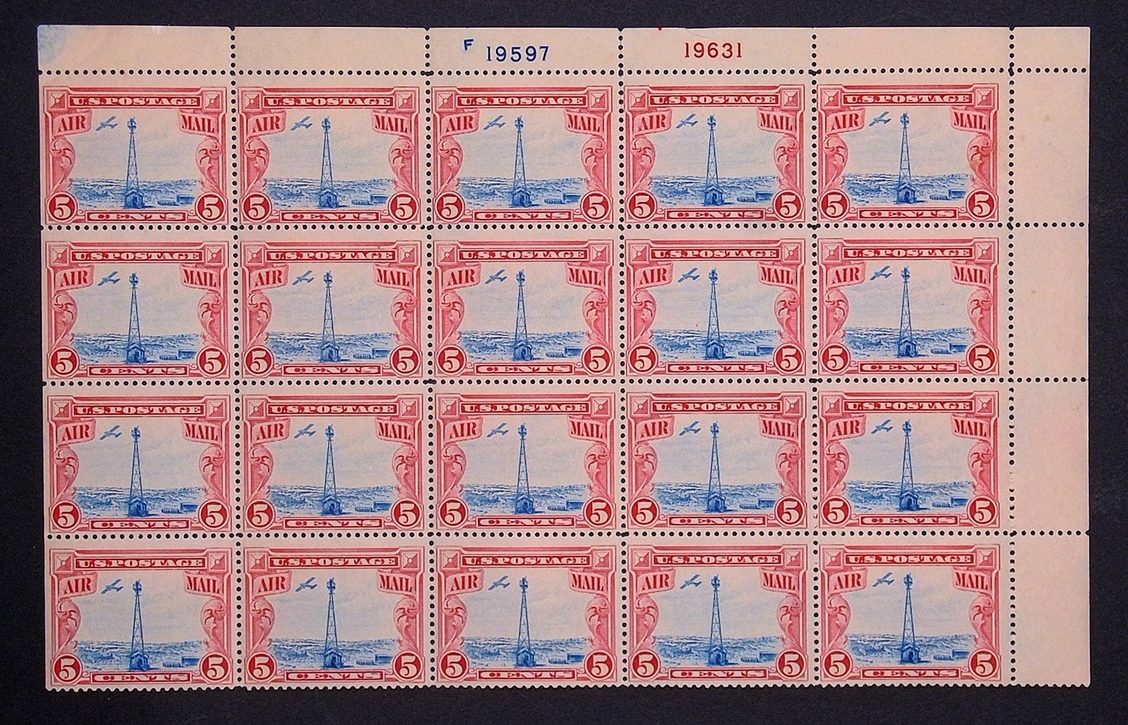 lss USA C11 1928 Beacon Airmail MNH VF Plate Block of 20 \'No TOP\' Very Rare