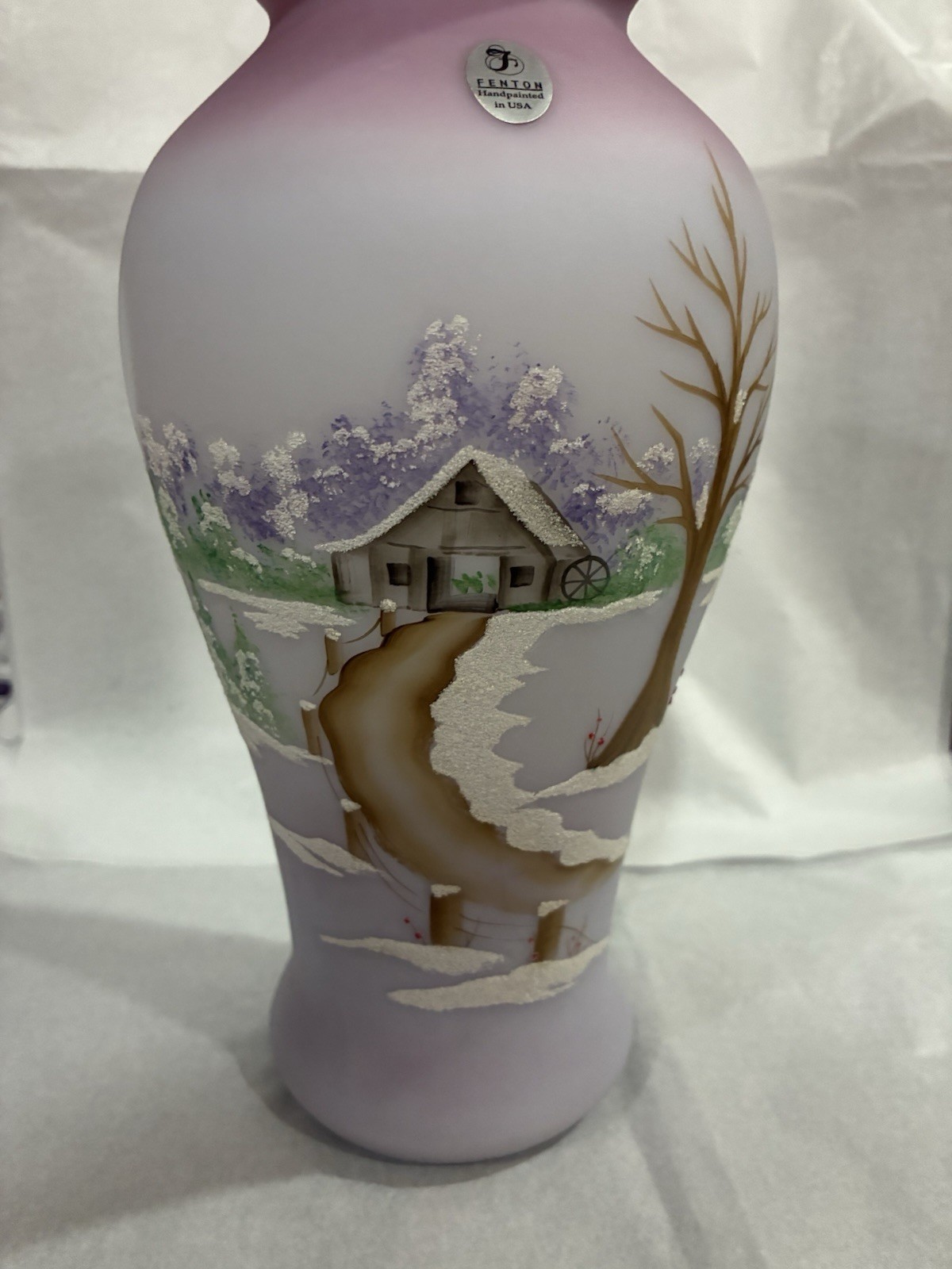 Vintage 2006 Fenton Burmese Four Seasons Winter Hand Painted M Kibbe 1170/1500