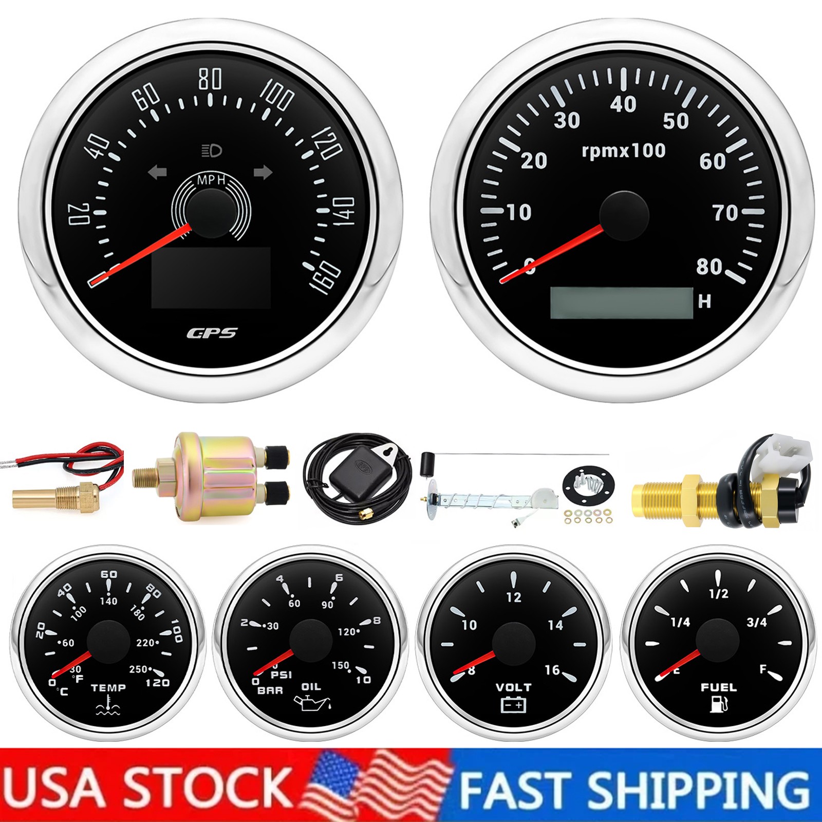 85mm GPS Speedometer 160MPH Tacho 8000RPM & 52mm Fuel/Oil/Temp/Volt With Senders 85mm GPS Speedometer 160MPH Tacho 8000RPM & 52mm Fuel/Oil/Temp/Volt With Senders