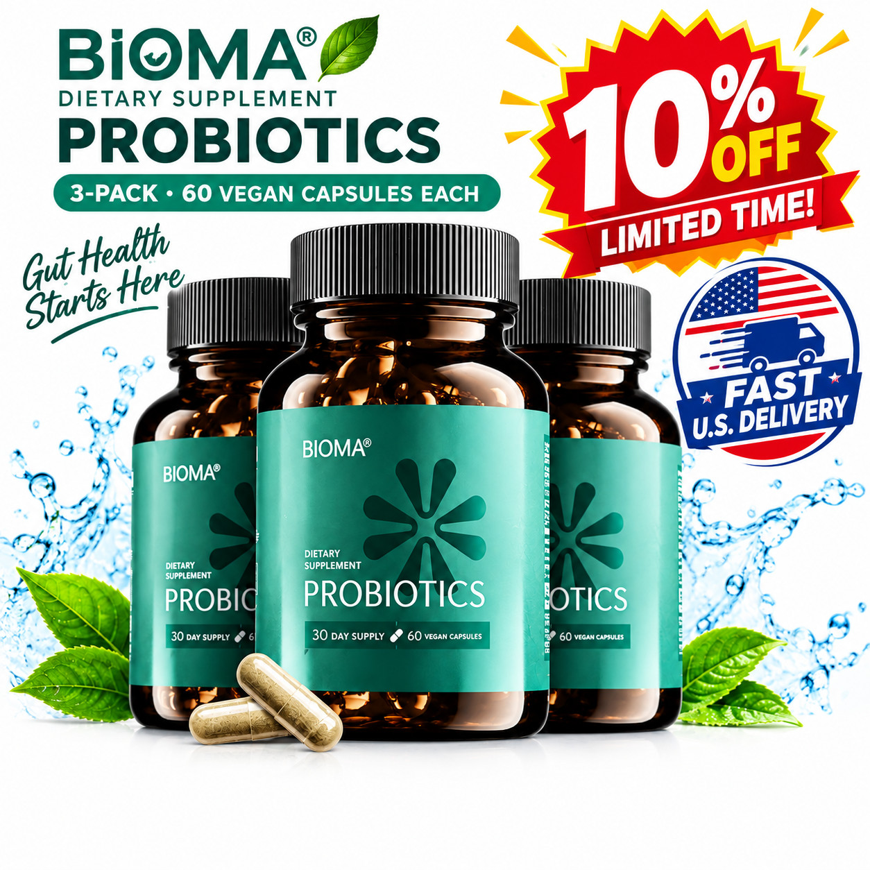 3 Pack BIOMA Probiotics Digestive Gut Support 60 Capsules for Men & Women US