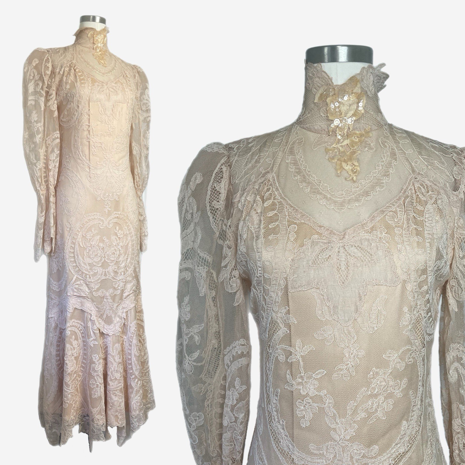 Vintage 80s Becky Bisoulis nude floral lace Victorian bridal gown Edwardian XS/S