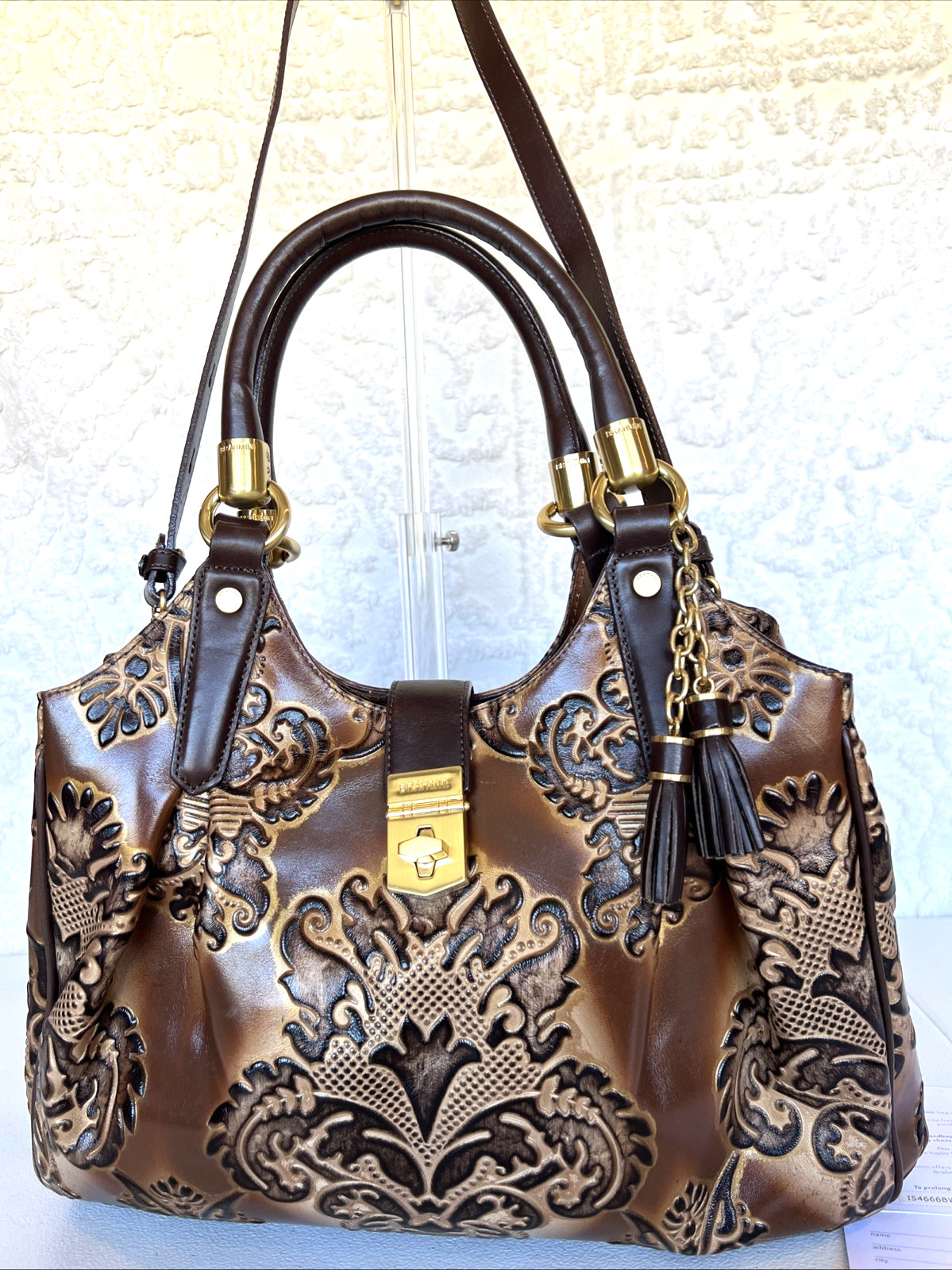 NWT BRAHMIN Elisa Large Satchel Oxford Brown Fresco Textured Leather Gold Hdwre