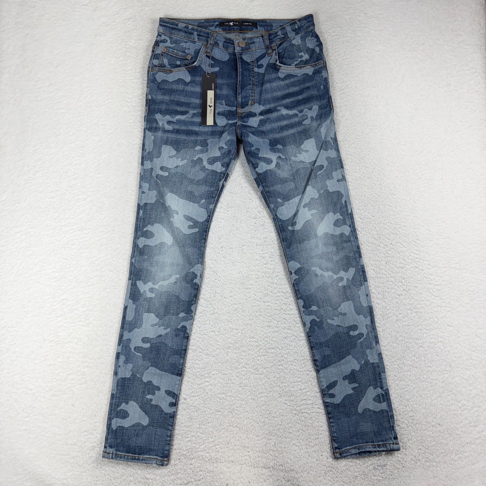 7th HVN London Mens Camo Blue Wash NWT 32 (29x30) NEW Denim Jeans Taper