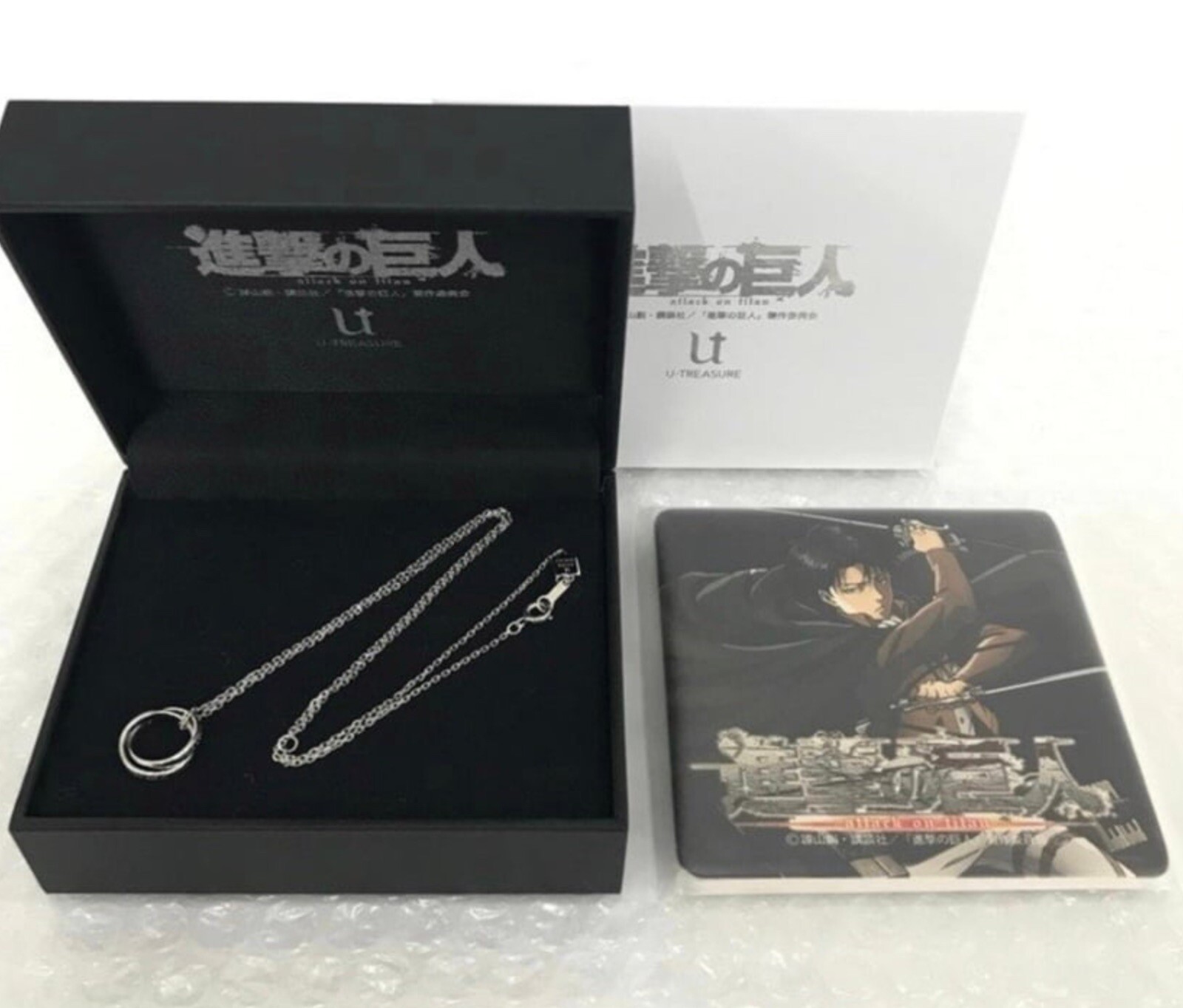 U-TREASURE Attack on Titan Double Ring Necklace Eren & Levi SILVER 925 + Coaster