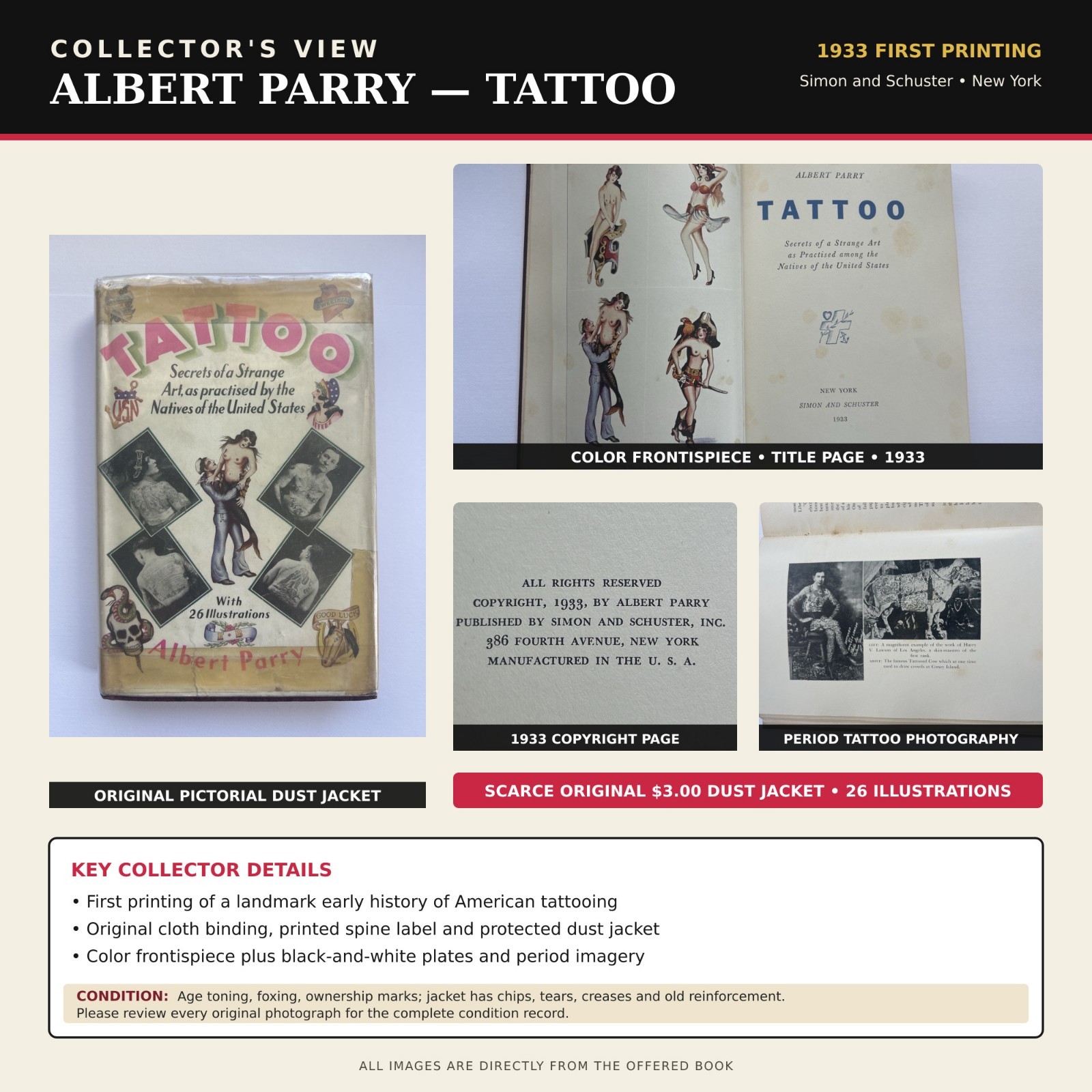 TATTOO Albert Parry 1933 First Edition Rare Dust Jacket Illustrated History