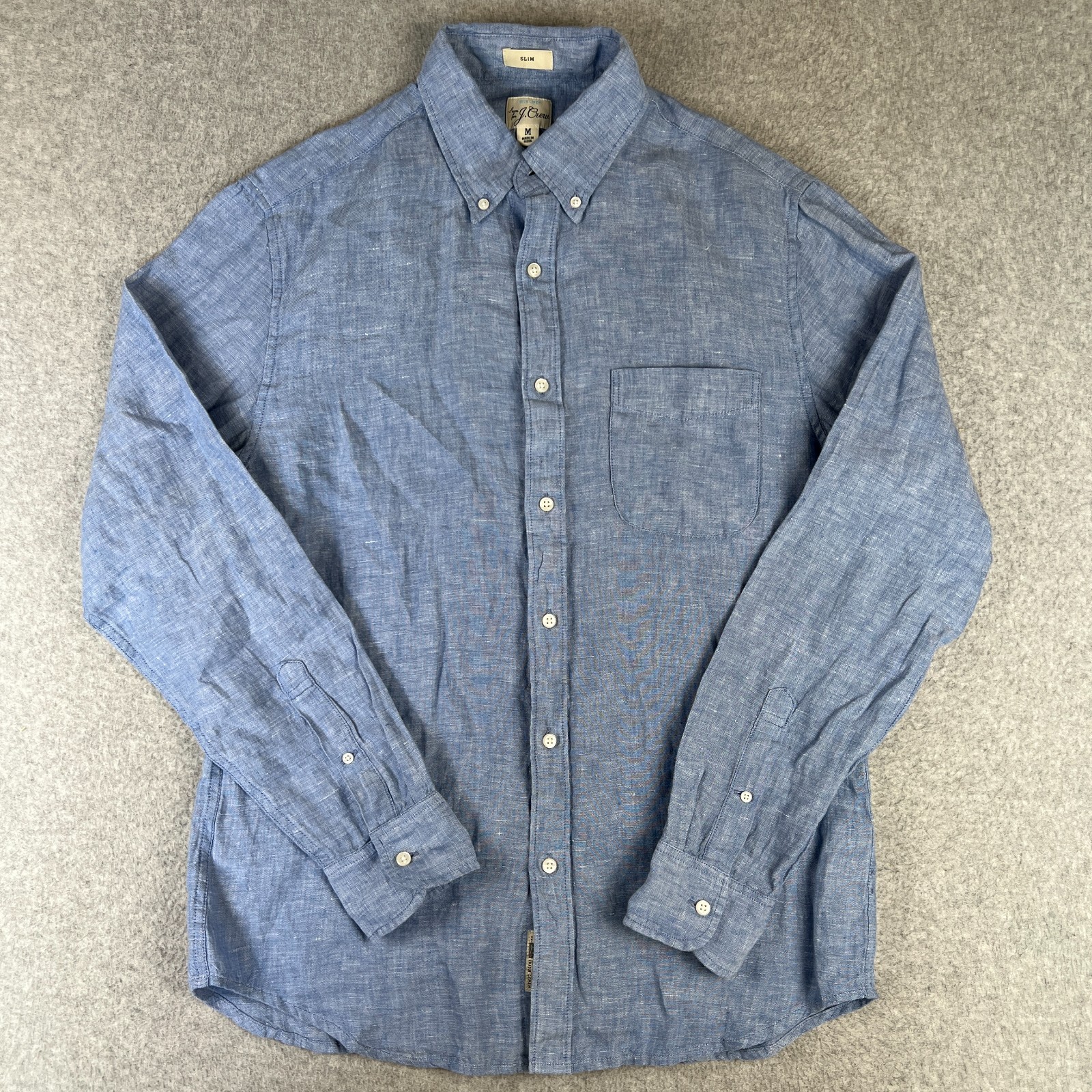 J Crew 100% McNutt Linen Short Sleeve Button Down Shirt Medium Slim Mens Blue